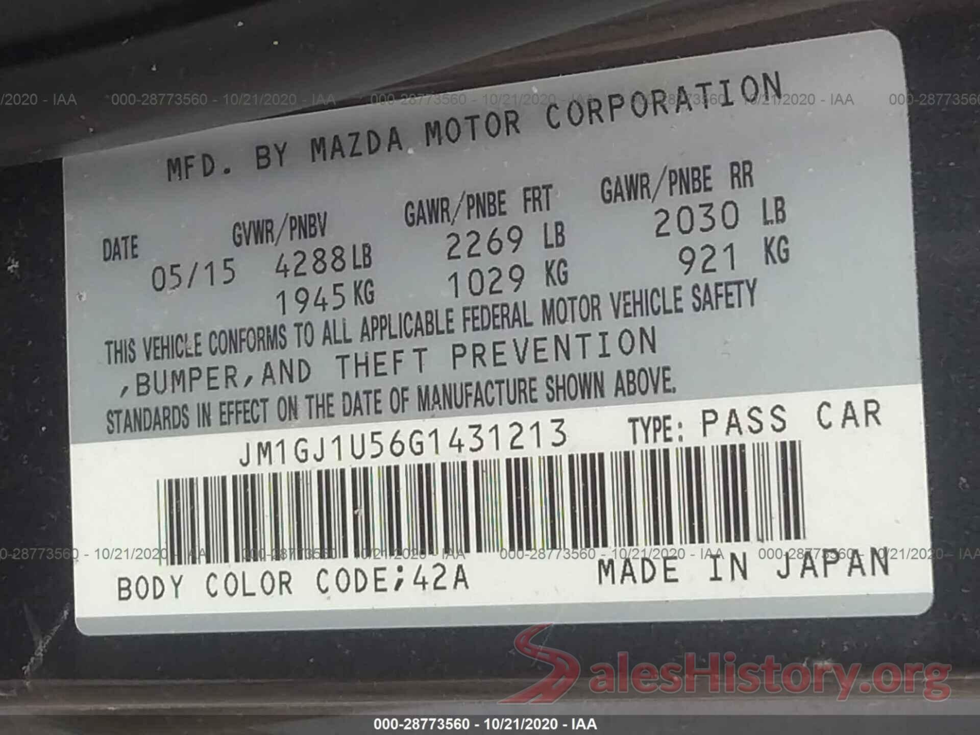 JM1GJ1U56G1431213 2016 MAZDA MAZDA6