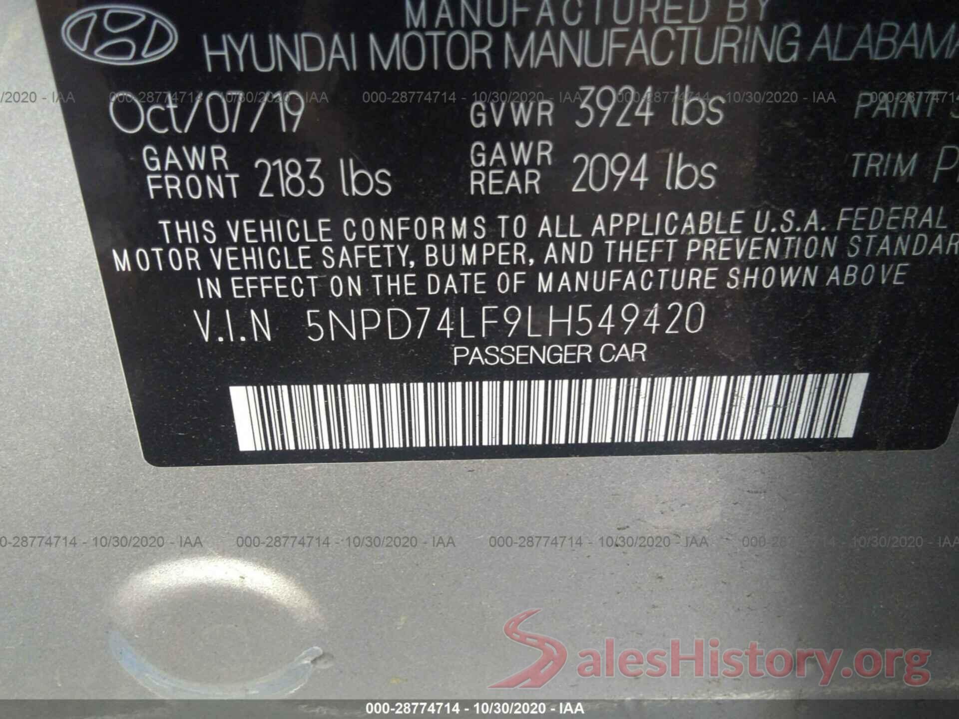 5NPD74LF9LH549420 2020 HYUNDAI ELANTRA