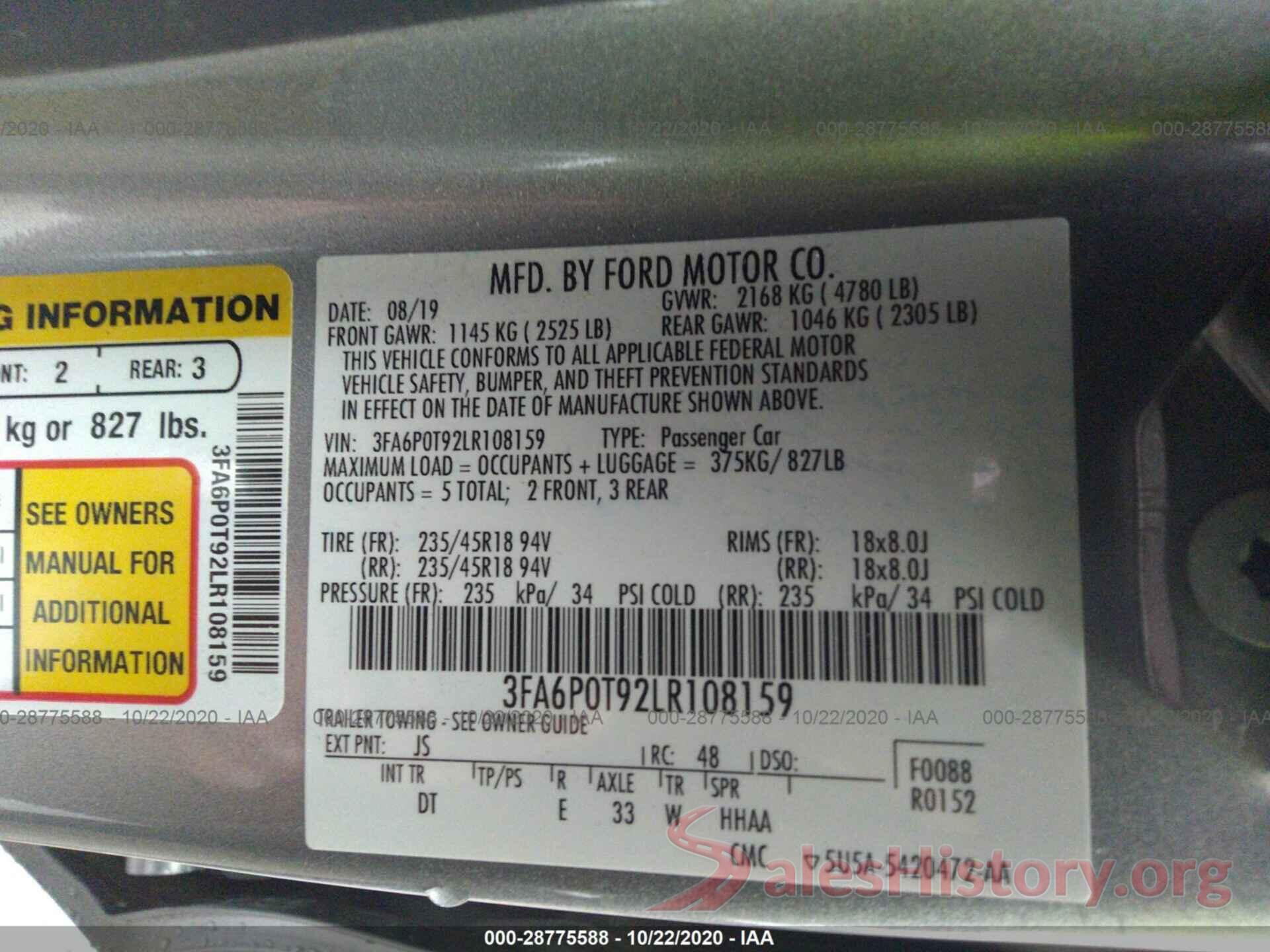 3FA6P0T92LR108159 2020 FORD FUSION