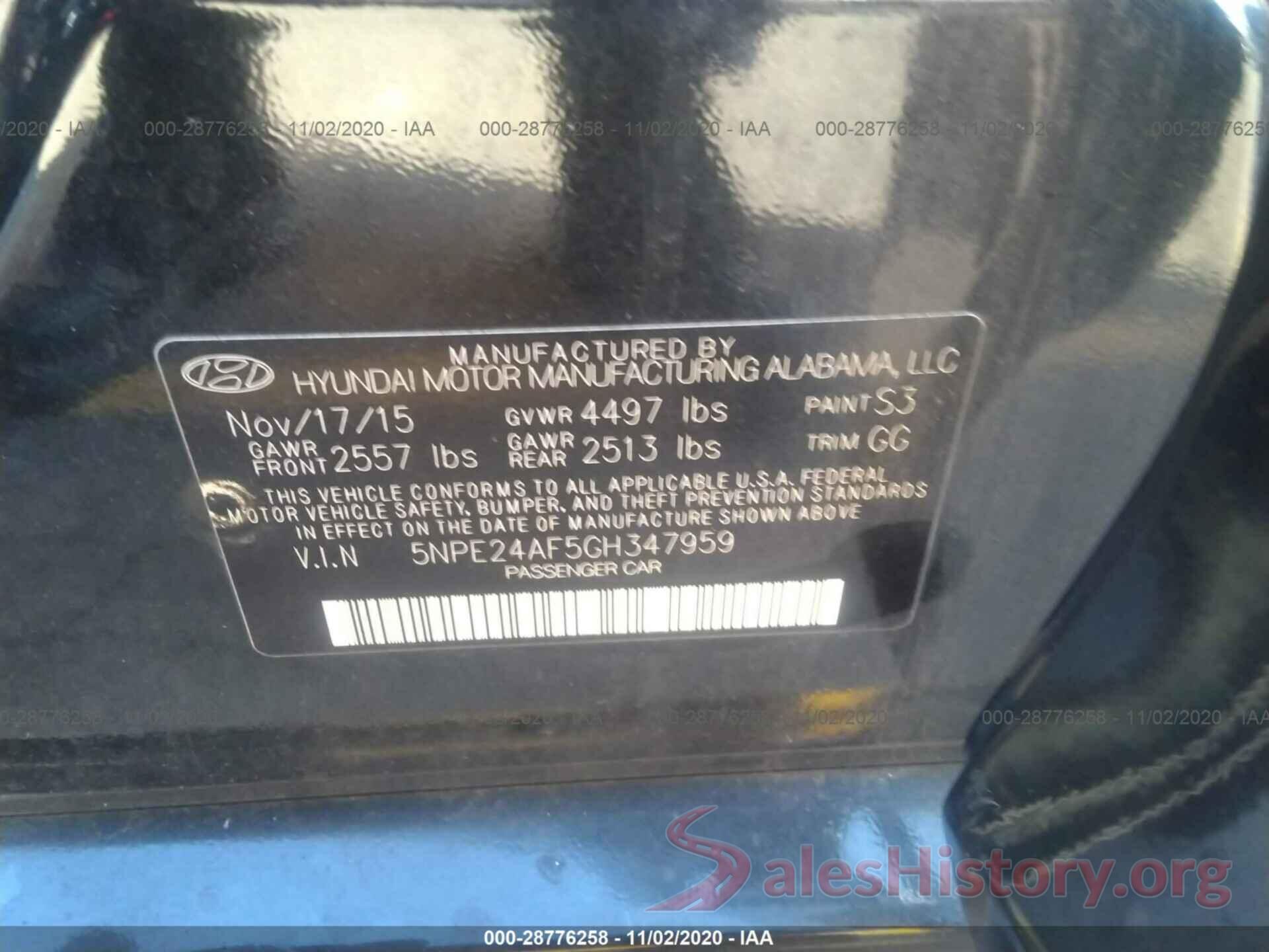 5NPE24AF5GH347959 2016 HYUNDAI SONATA