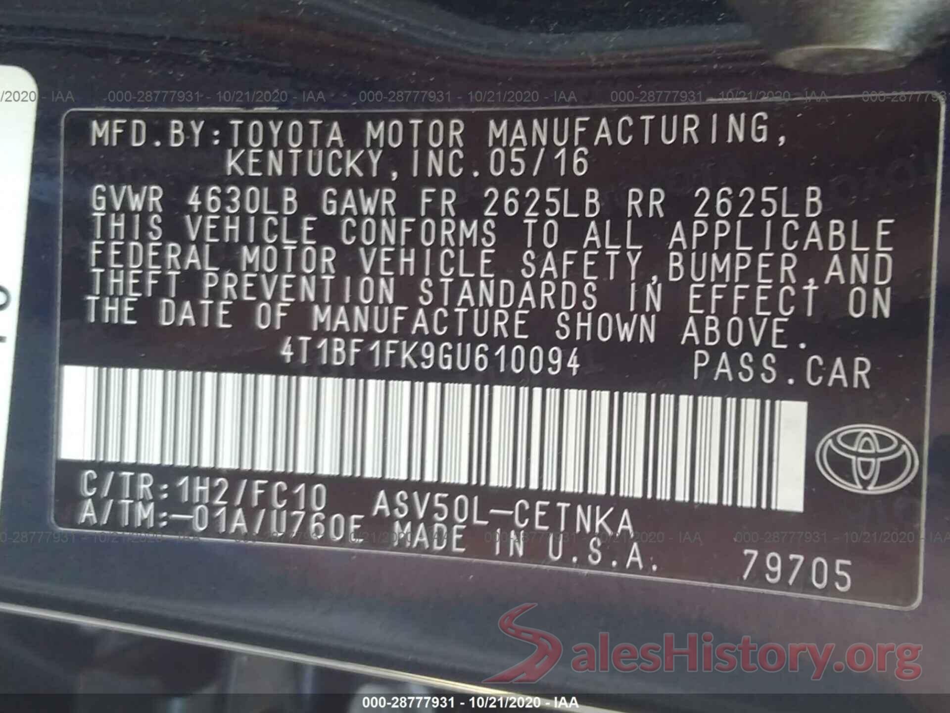 4T1BF1FK9GU610094 2016 TOYOTA CAMRY