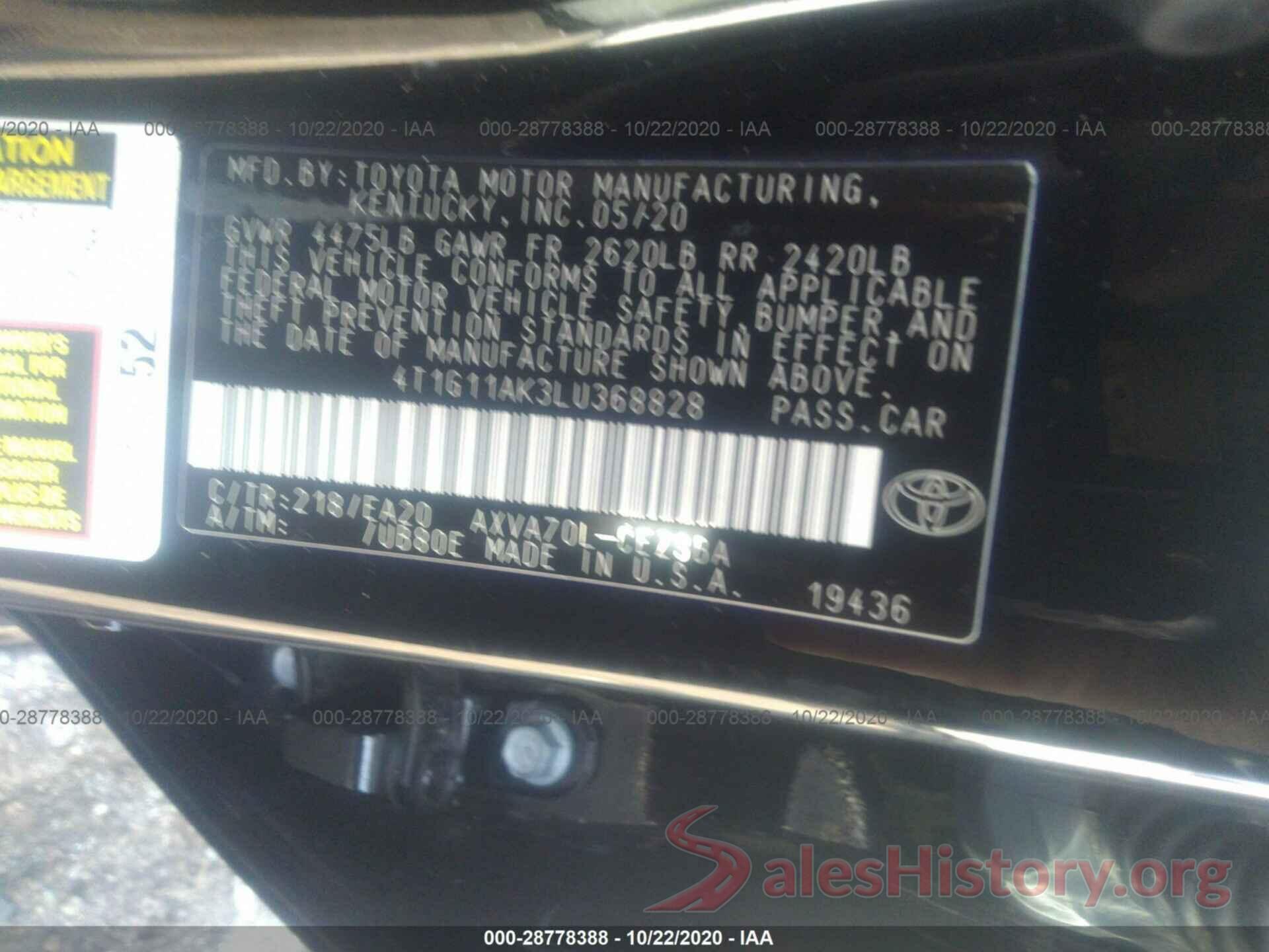 4T1G11AK3LU368828 2020 TOYOTA CAMRY