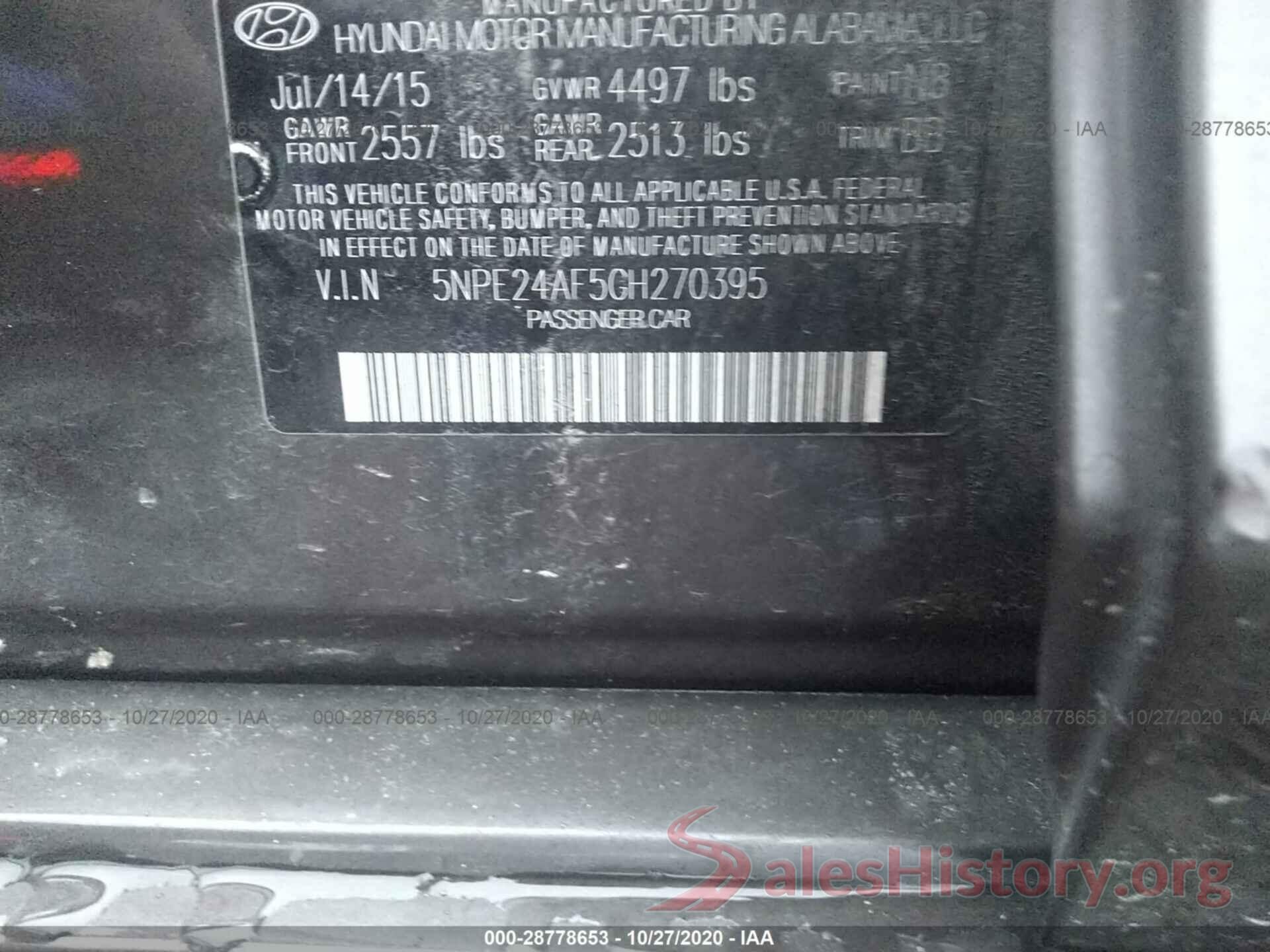 5NPE24AF5GH270395 2016 HYUNDAI SONATA