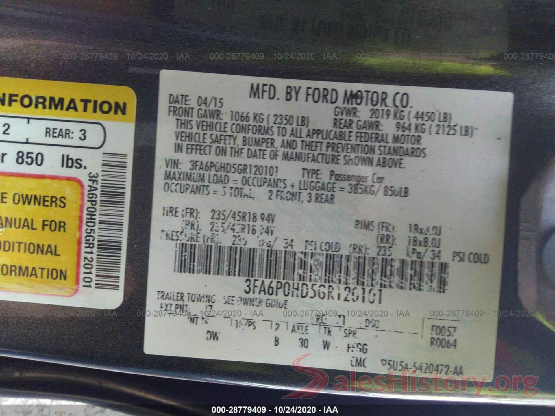 3FA6P0HD5GR120101 2016 FORD FUSION