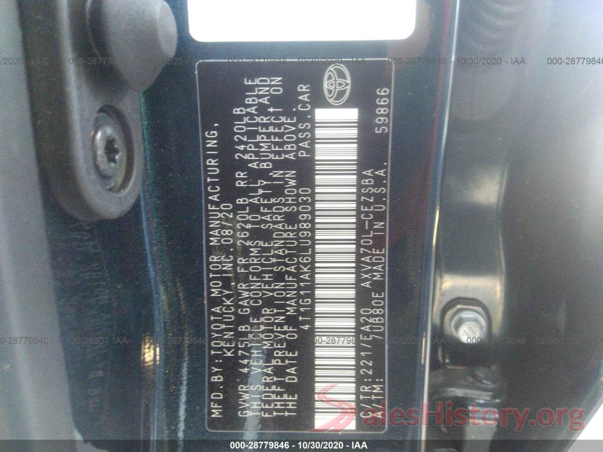 4T1G11AK6LU989030 2020 TOYOTA CAMRY