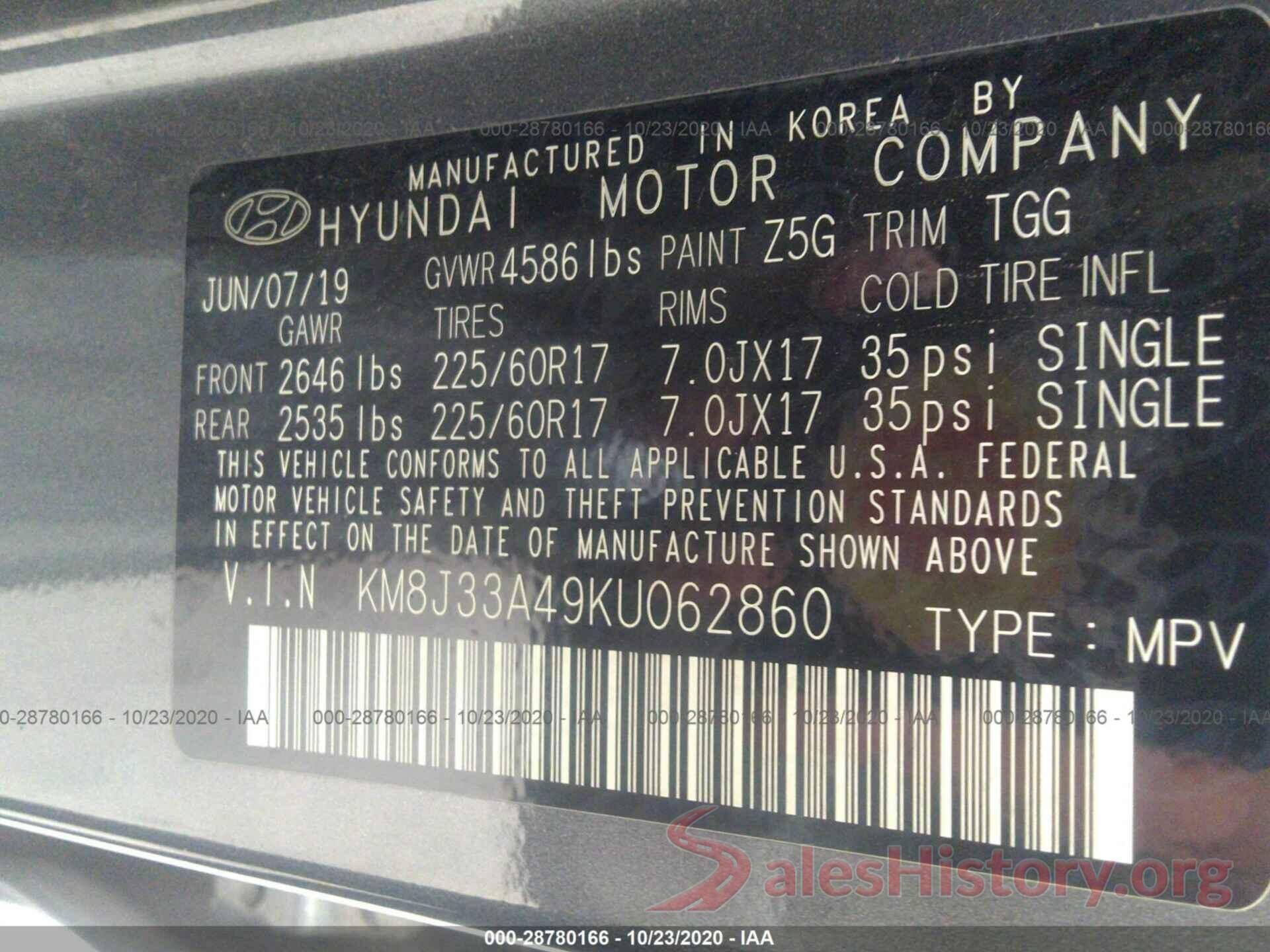 KM8J33A49KU062860 2019 HYUNDAI TUCSON