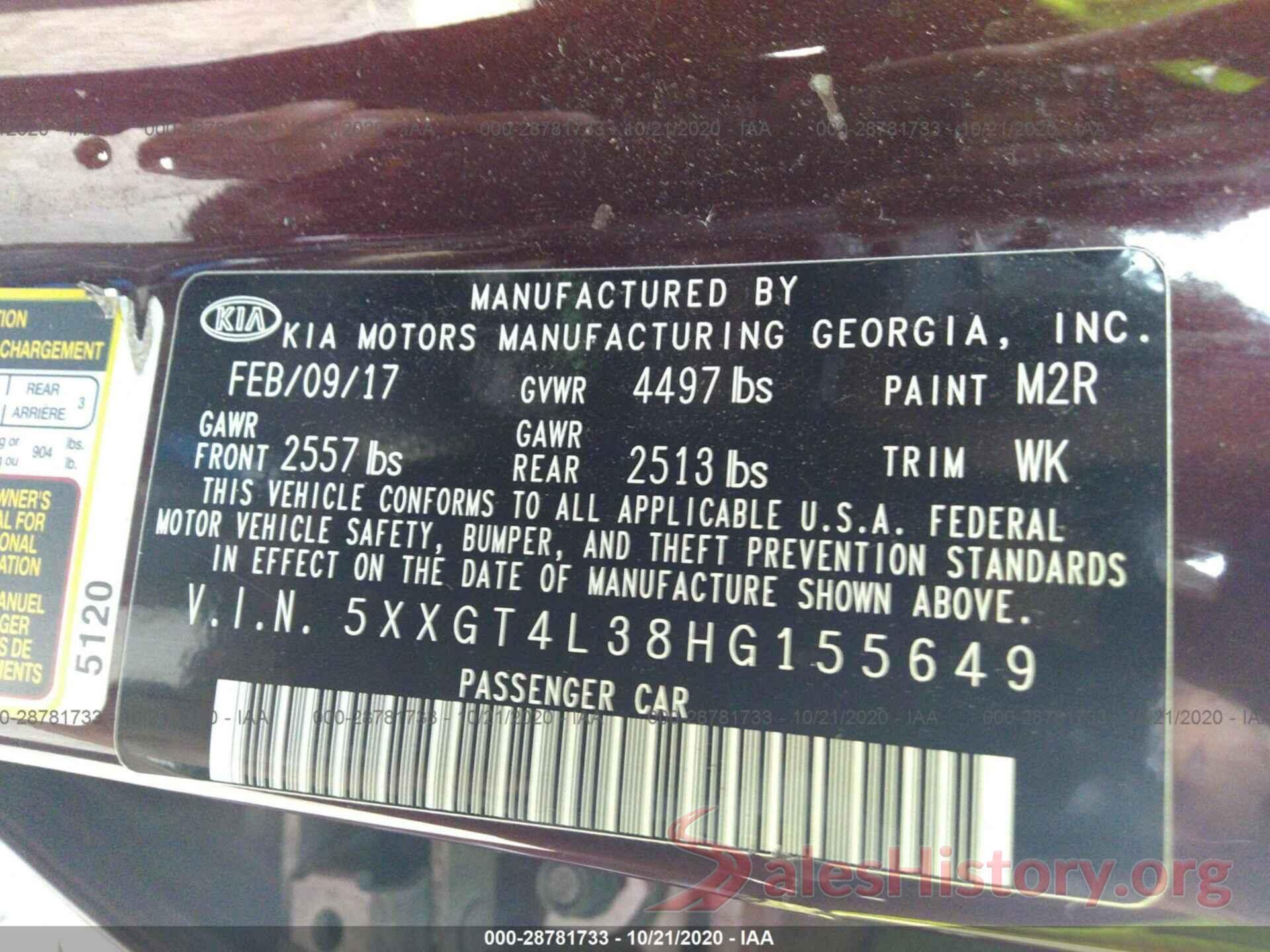 5XXGT4L38HG155649 2017 KIA OPTIMA