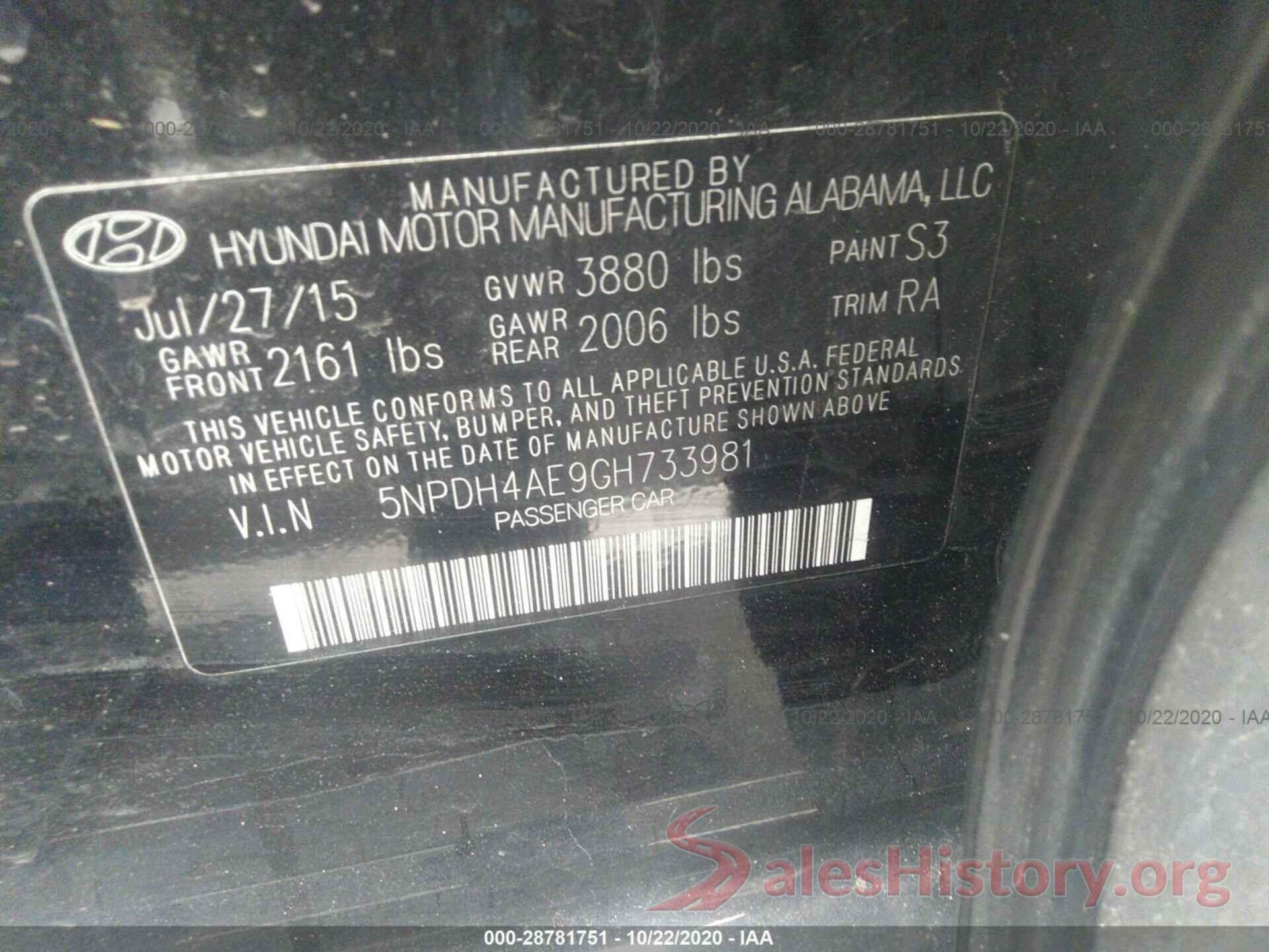 5NPDH4AE9GH733981 2016 HYUNDAI ELANTRA