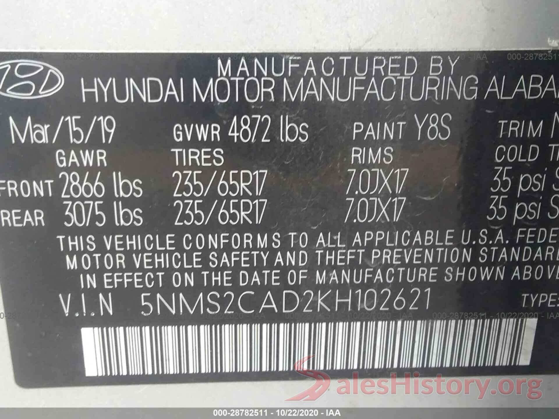 5NMS2CAD2KH102621 2019 HYUNDAI SANTA FE