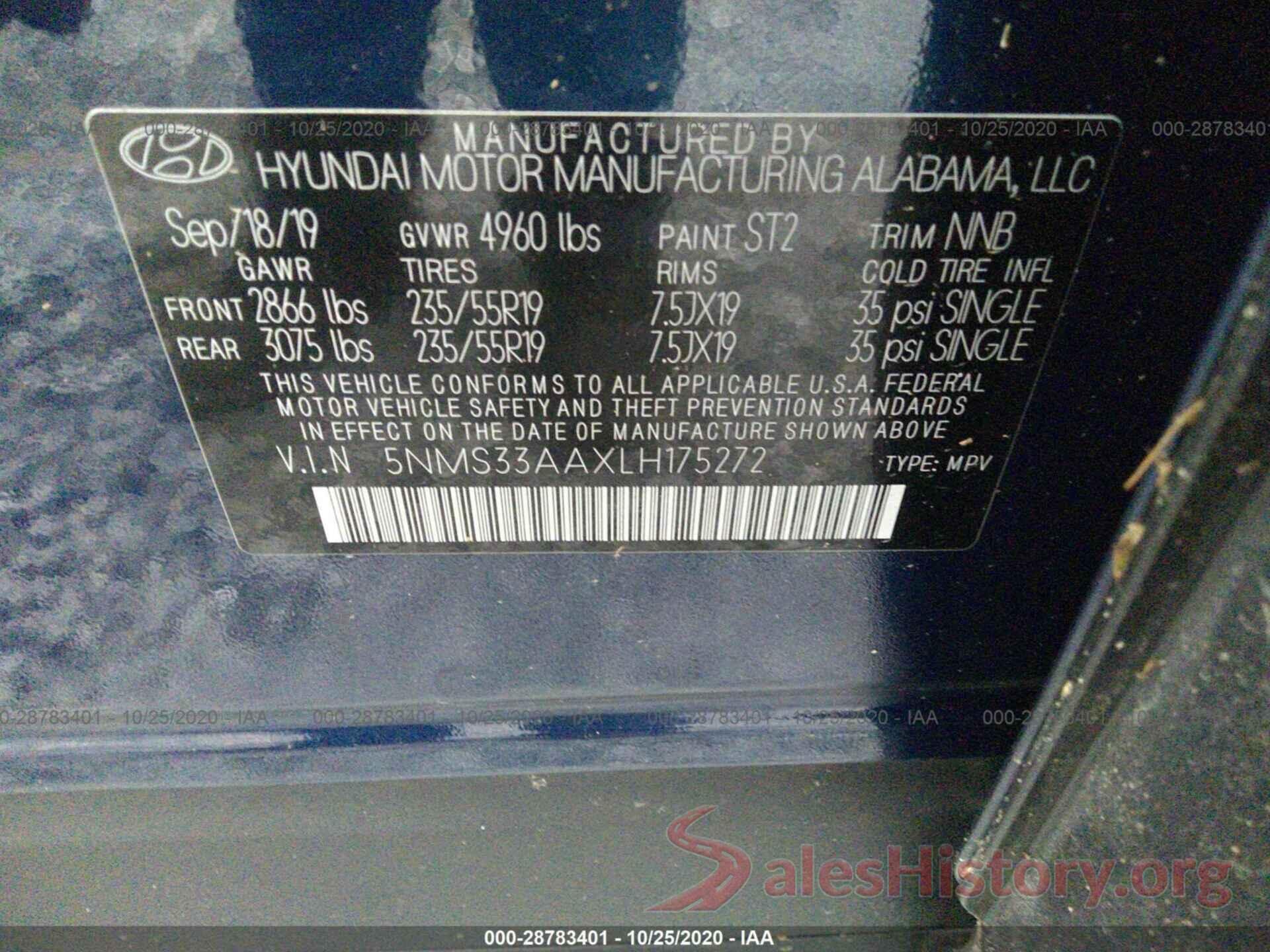 5NMS33AAXLH175272 2020 HYUNDAI SANTA FE