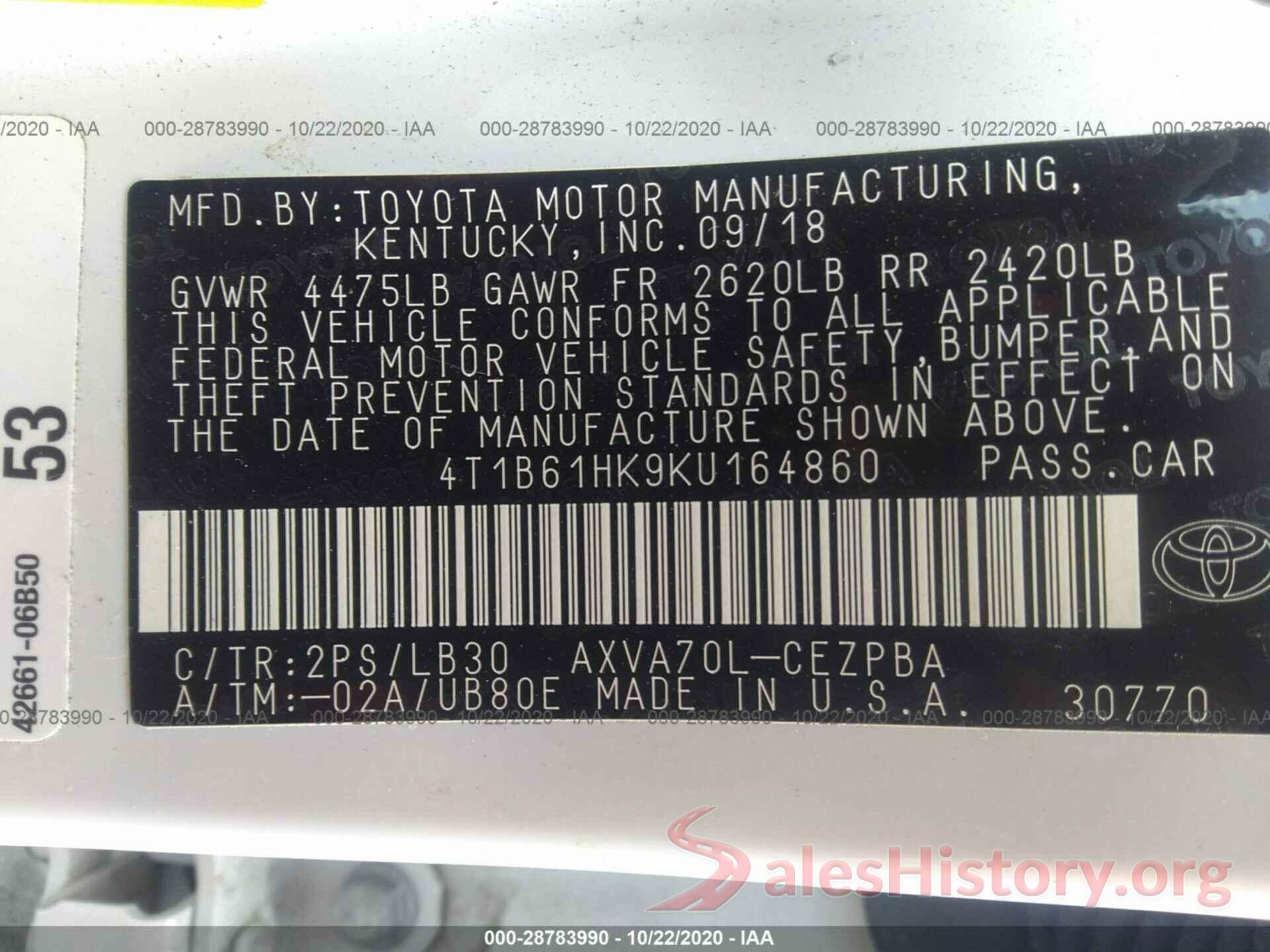 4T1B61HK9KU164860 2019 TOYOTA CAMRY