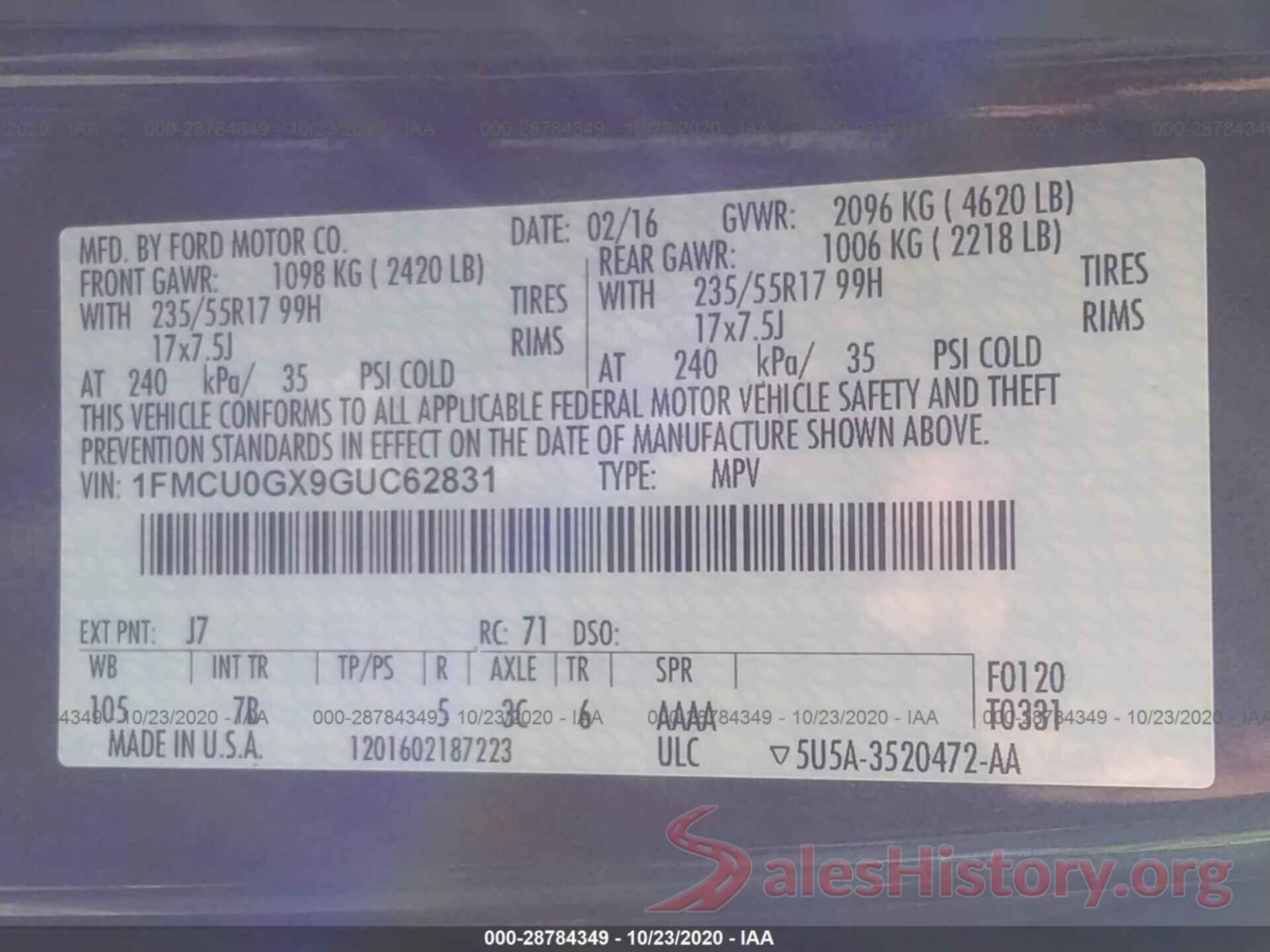 1FMCU0GX9GUC62831 2016 FORD ESCAPE