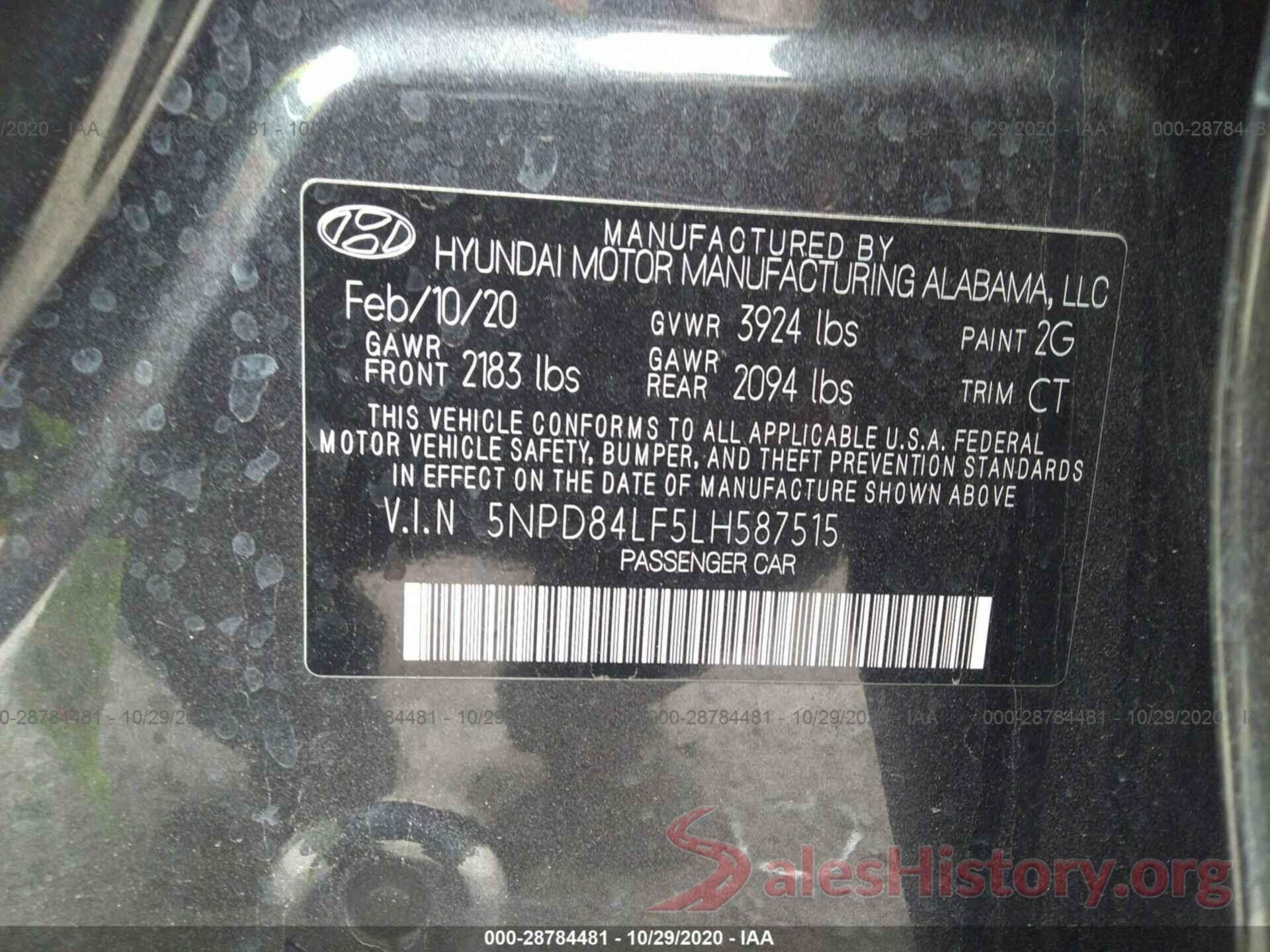 5NPD84LF5LH587515 2020 HYUNDAI ELANTRA