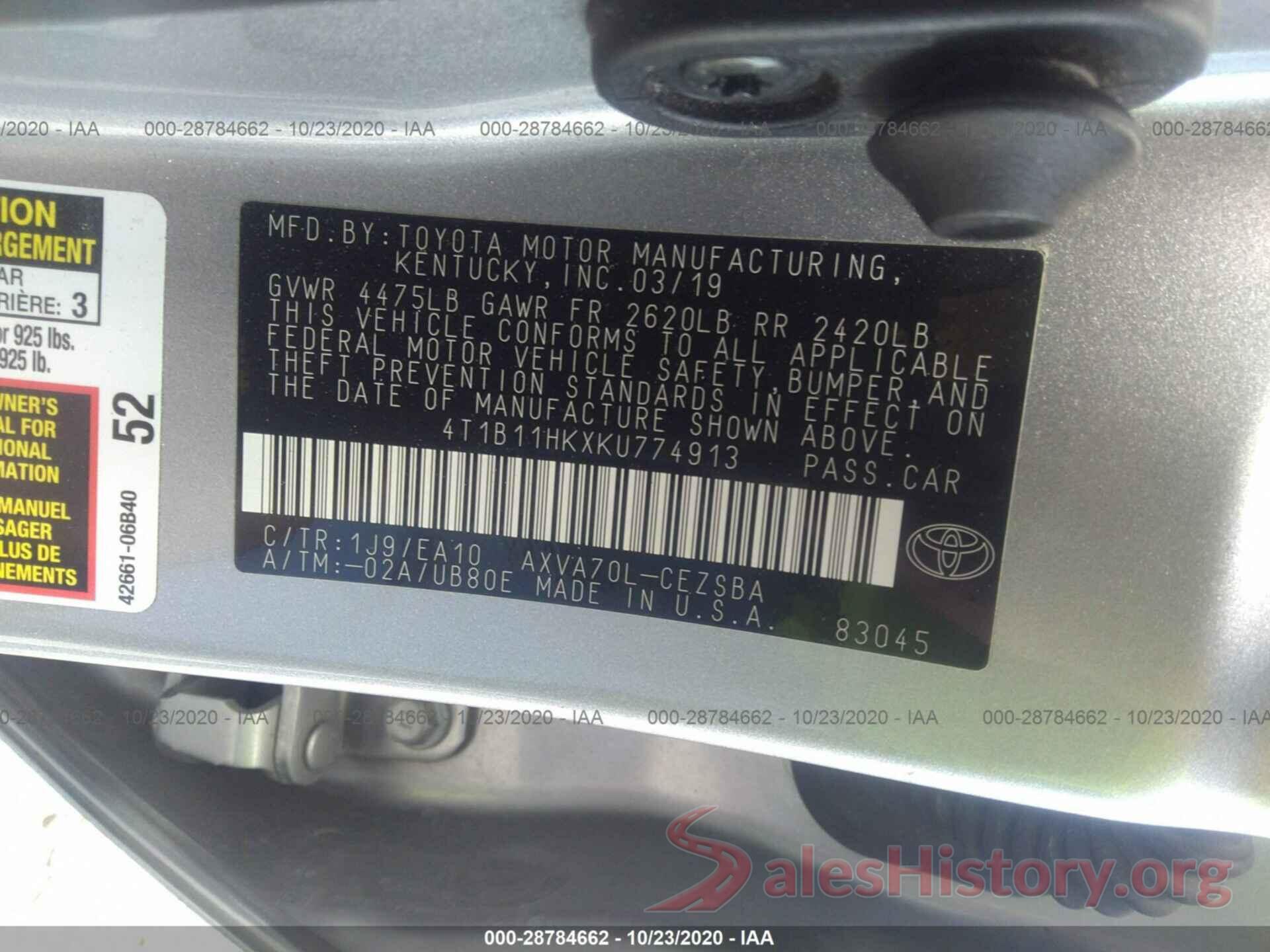 4T1B11HKXKU774913 2019 TOYOTA CAMRY