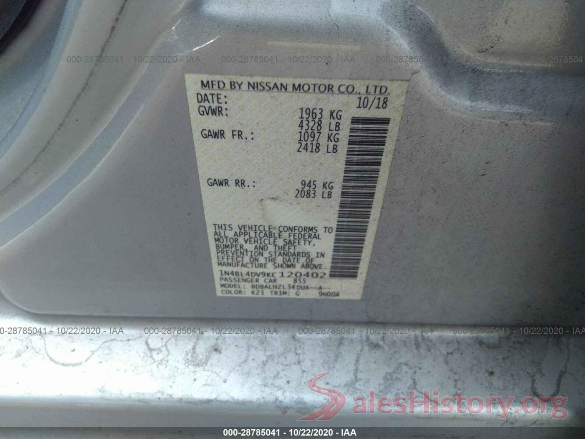 1N4BL4DV9KC120402 2019 NISSAN ALTIMA