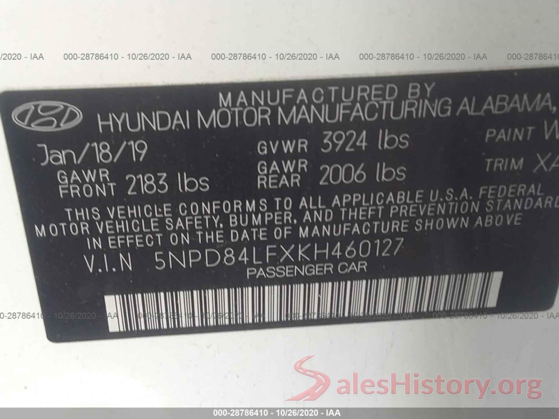 5NPD84LFXKH460127 2019 HYUNDAI ELANTRA