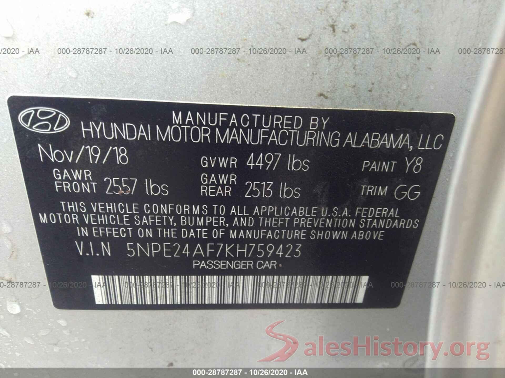 5NPE24AF7KH759423 2019 HYUNDAI SONATA