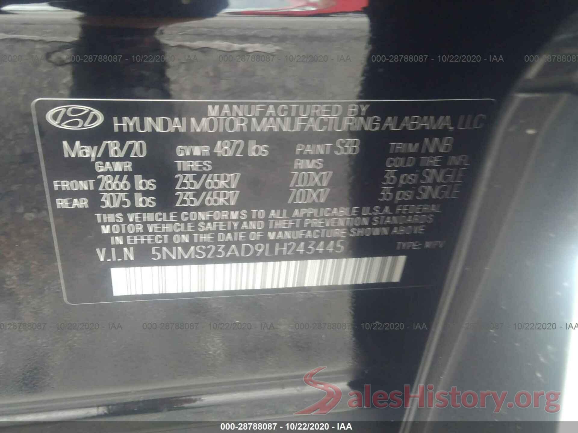 5NMS23AD9LH243445 2020 HYUNDAI SANTA FE