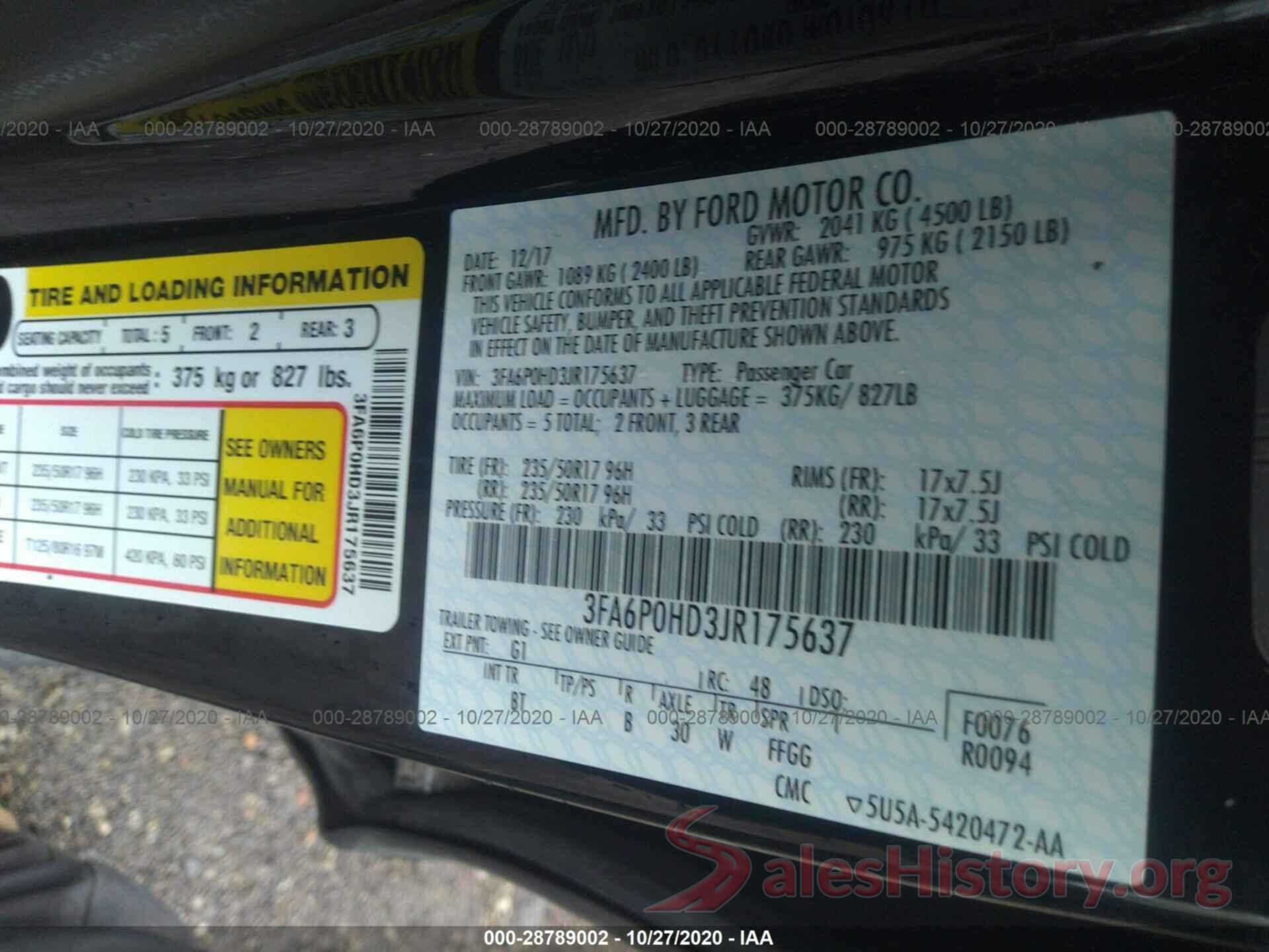 3FA6P0HD3JR175637 2018 FORD FUSION