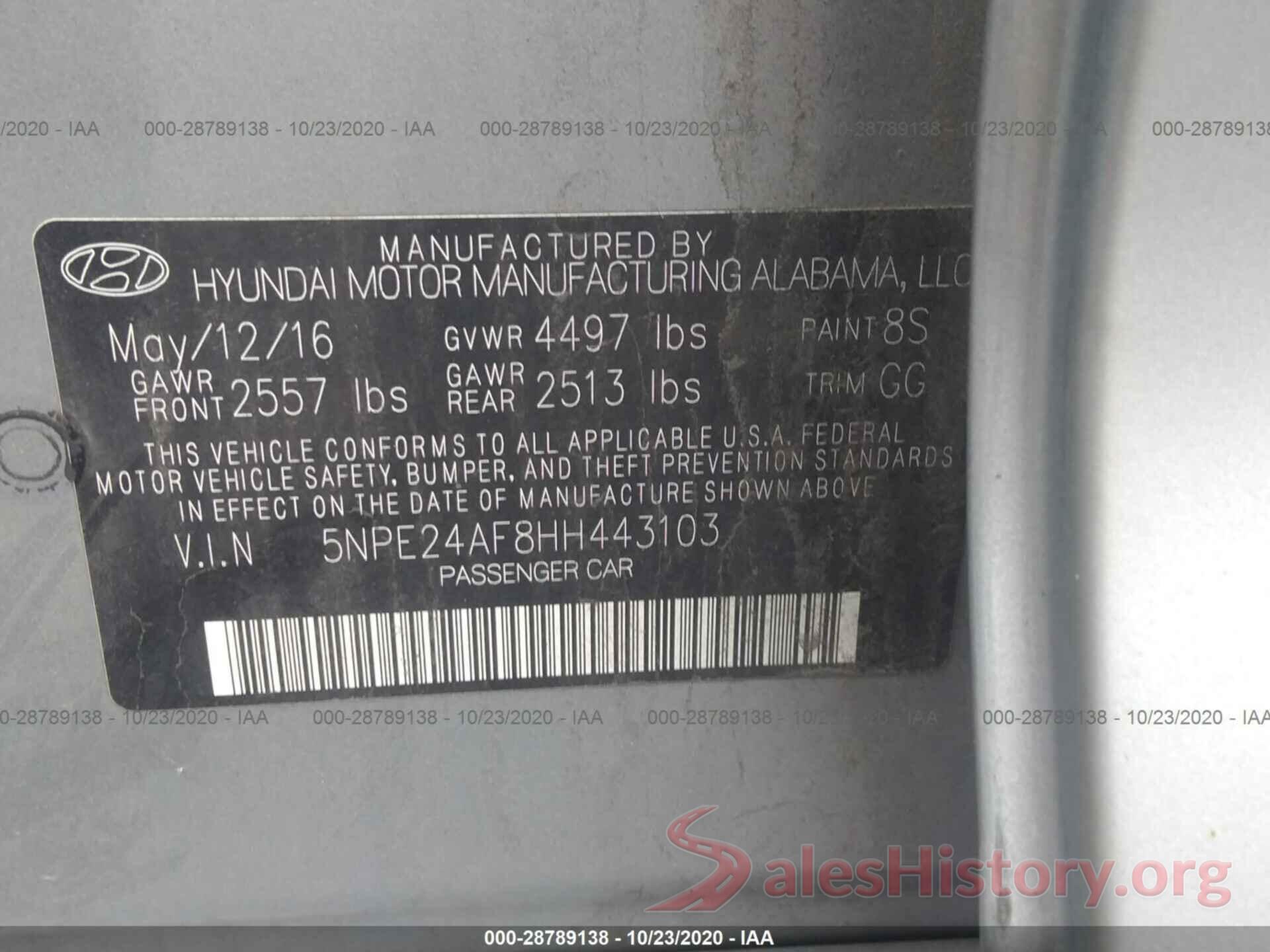 5NPE24AF8HH443103 2017 HYUNDAI SONATA