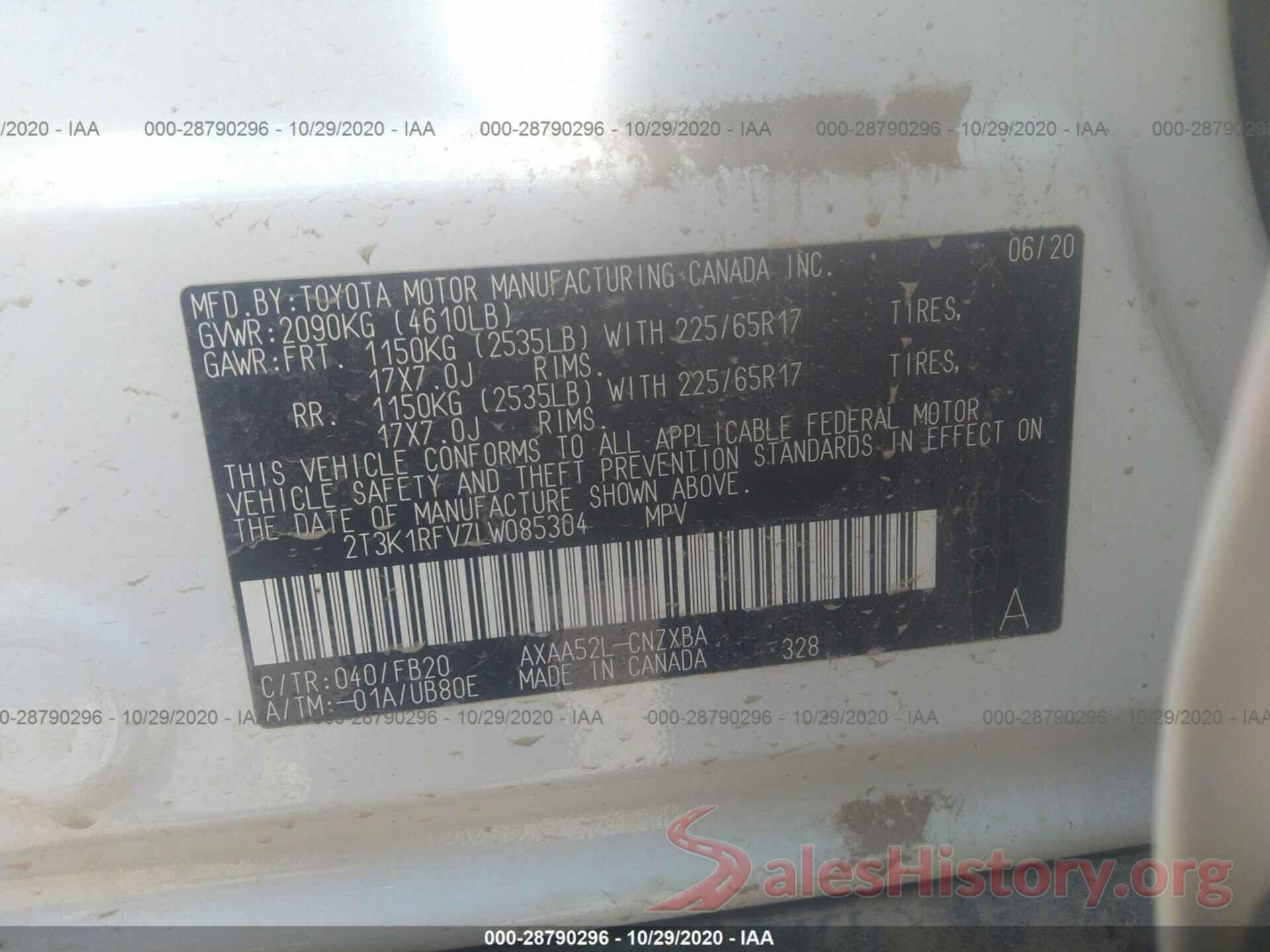 2T3K1RFV7LW085304 2020 TOYOTA RAV4