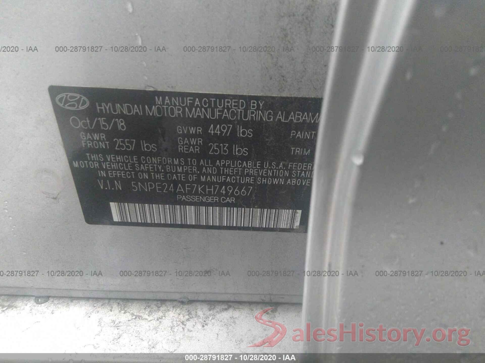 5NPE24AF7KH749667 2019 HYUNDAI SONATA