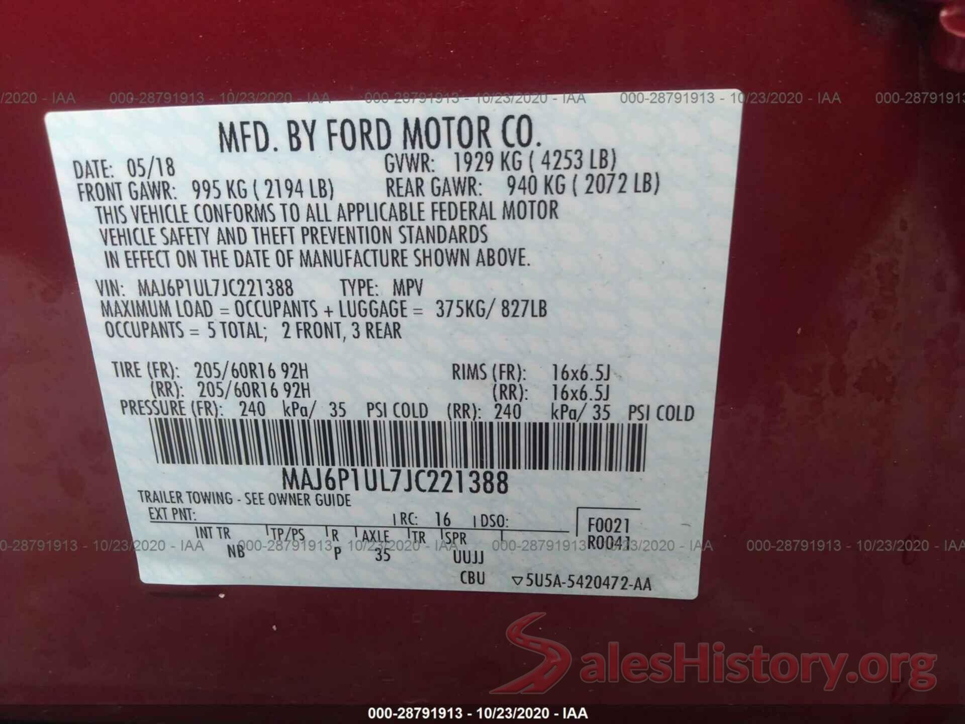 MAJ6P1UL7JC221388 2018 FORD ECOSPORT