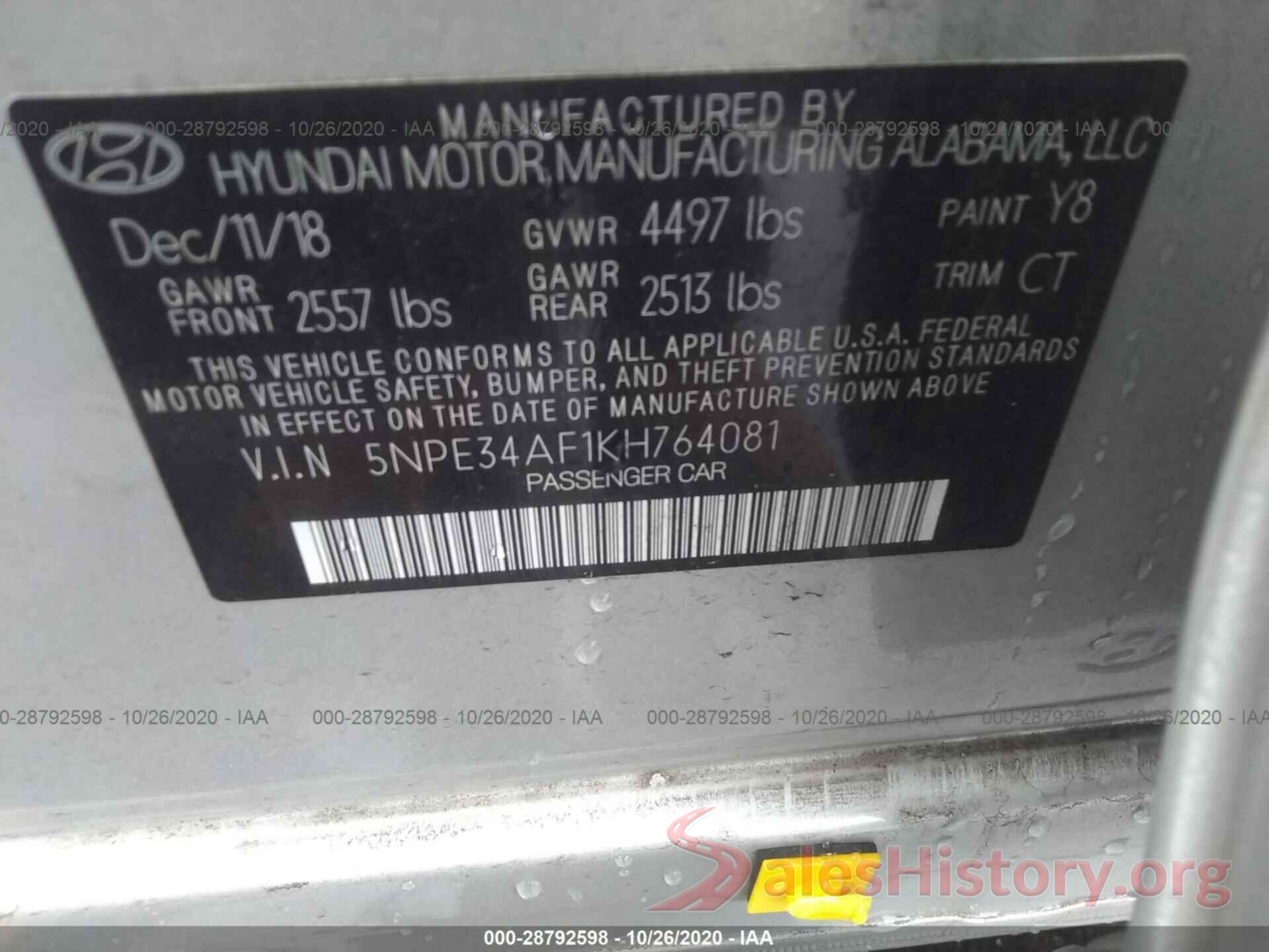 5NPE34AF1KH764081 2019 HYUNDAI SONATA