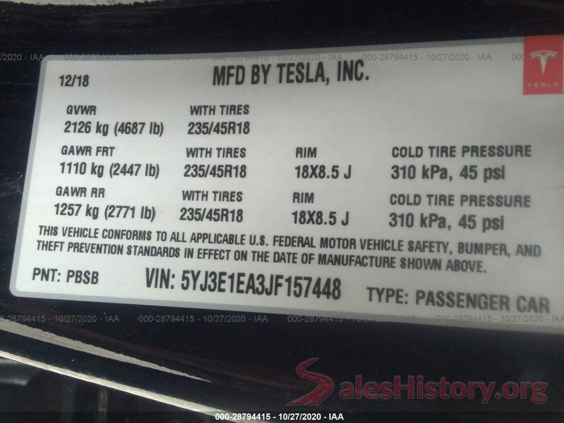 5YJ3E1EA3JF157448 2018 TESLA MODEL 3