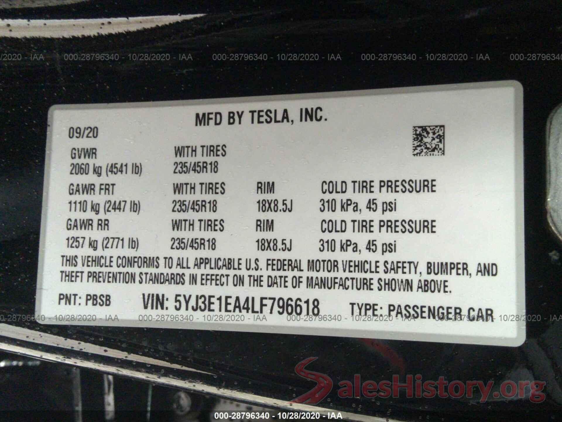 5YJ3E1EA4LF796618 2020 TESLA MODEL 3