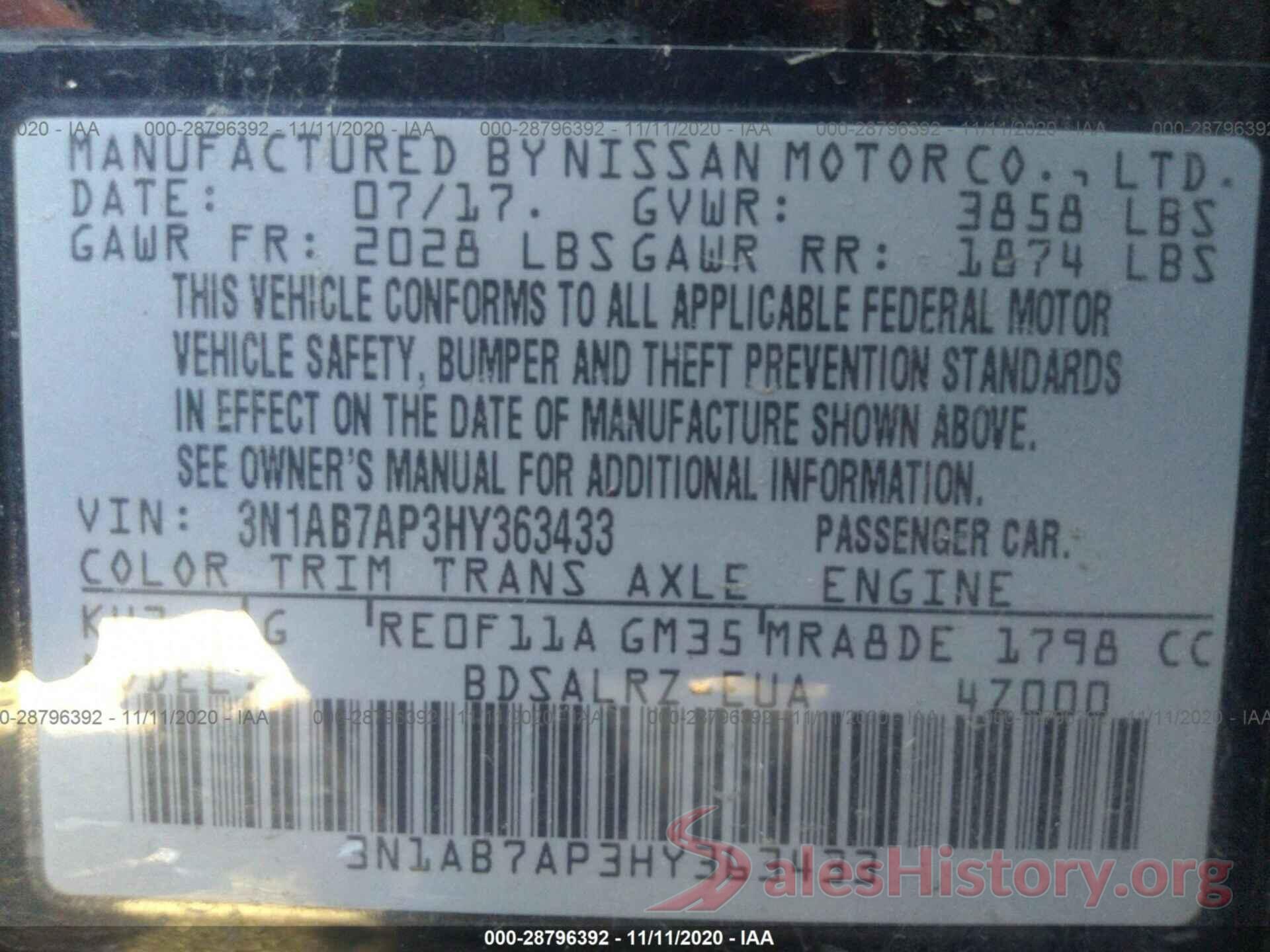 3N1AB7AP3HY363433 2017 NISSAN SENTRA