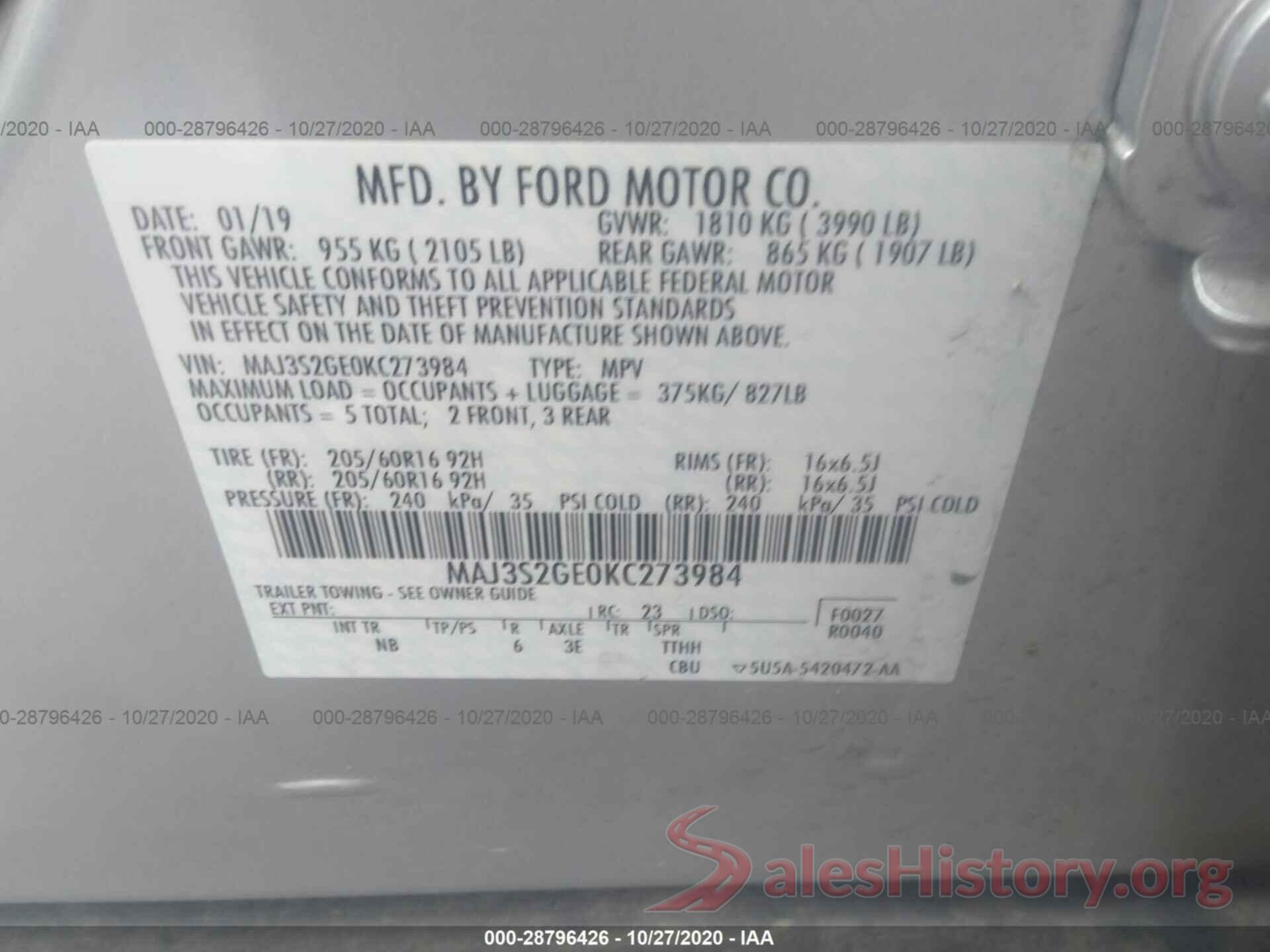 MAJ3S2GE0KC273984 2019 FORD ECOSPORT