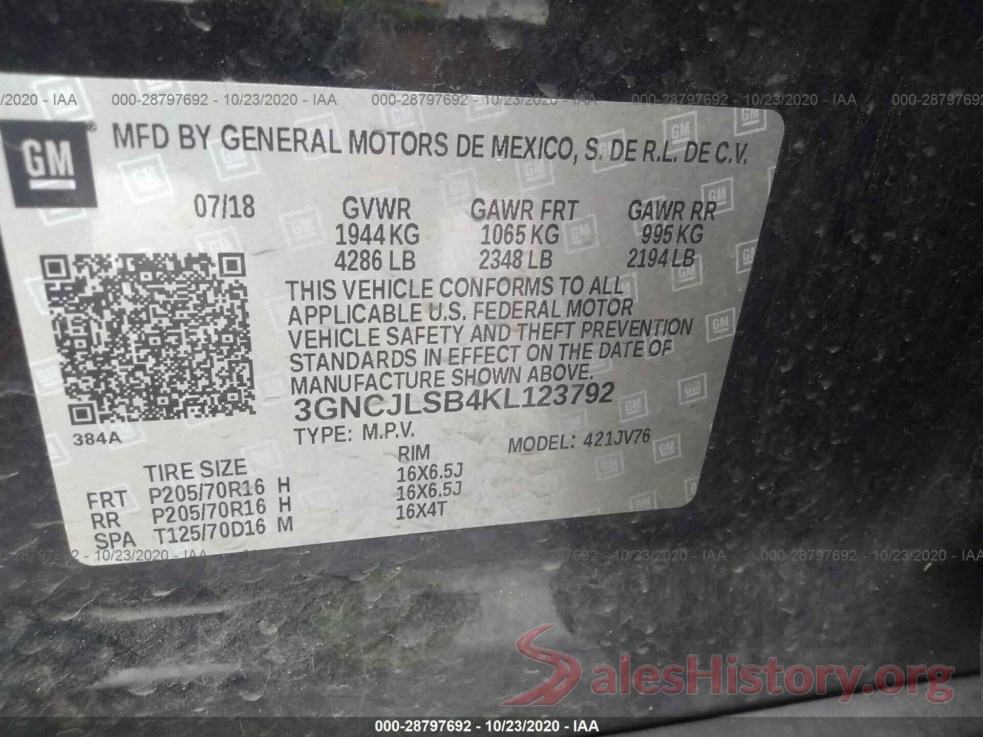 3GNCJLSB4KL123792 2019 CHEVROLET TRAX