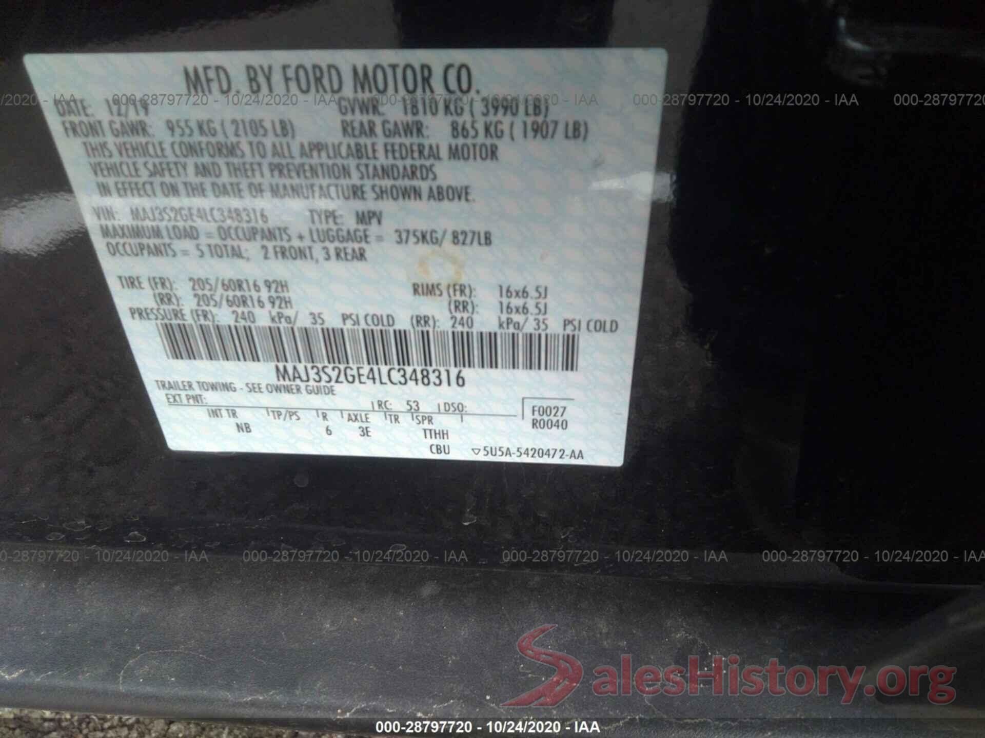 MAJ3S2GE4LC348316 2020 FORD ECOSPORT