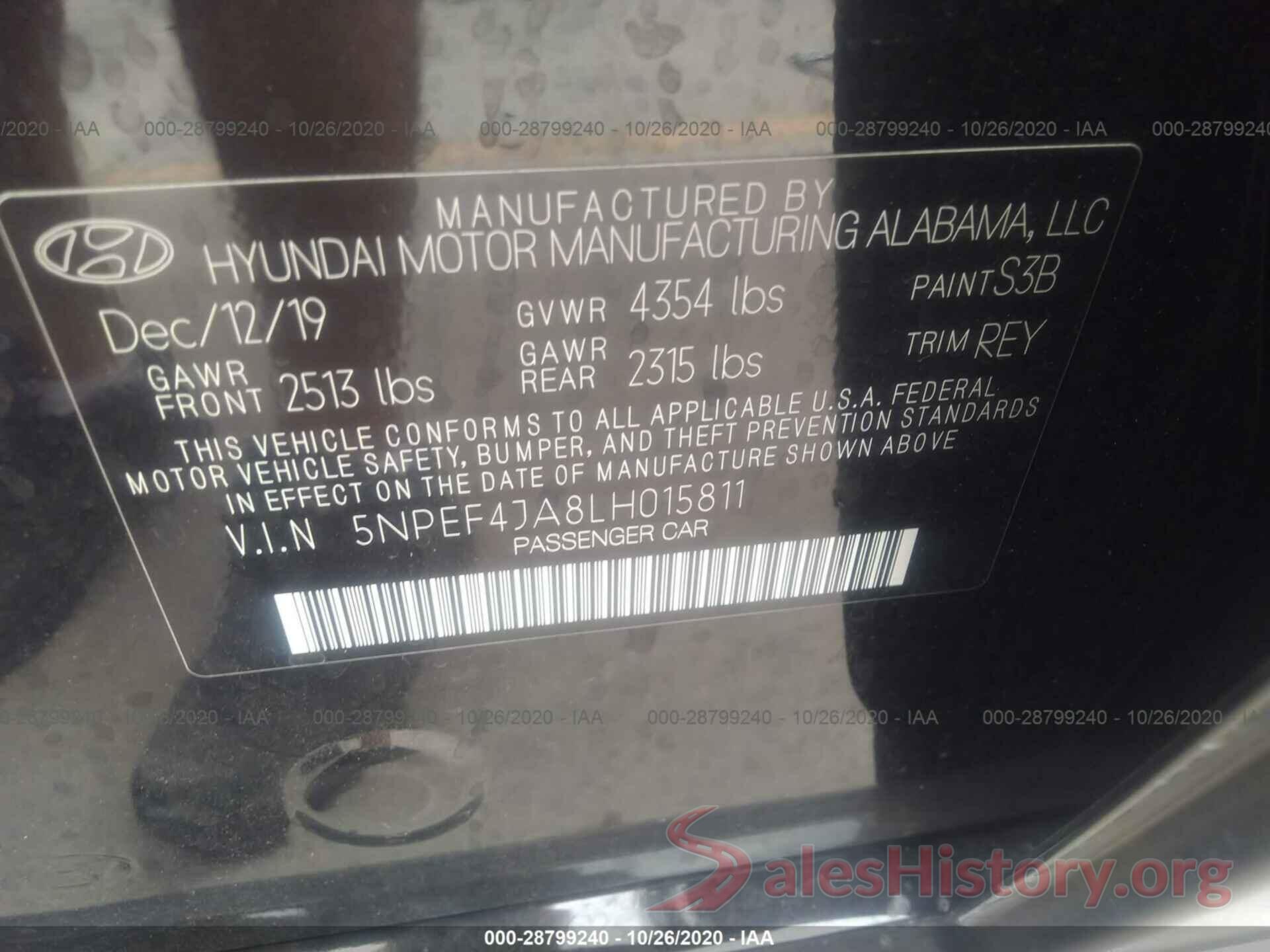 5NPEF4JA8LH015811 2020 HYUNDAI SONATA