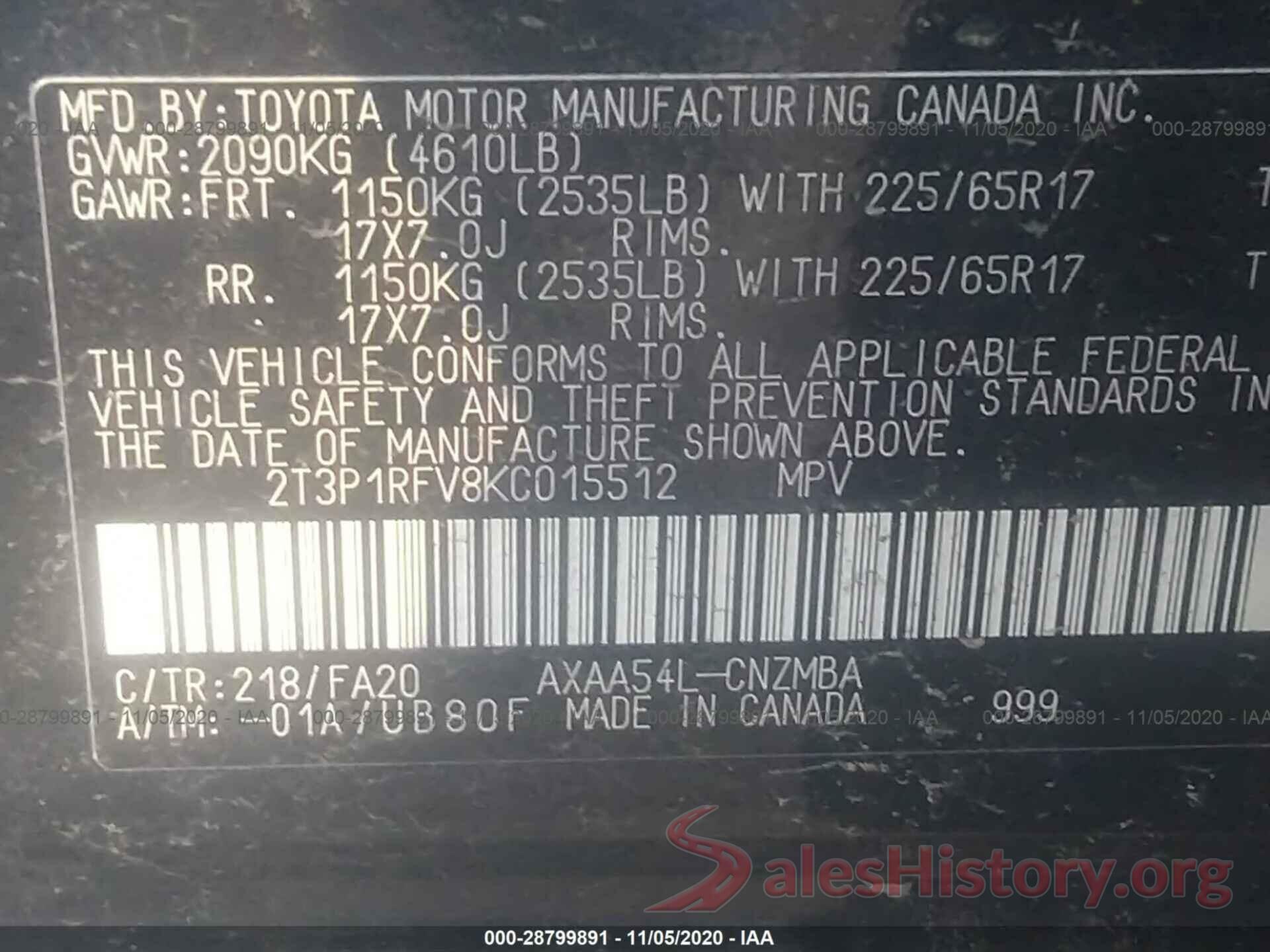 2T3P1RFV8KC015512 2019 TOYOTA RAV4