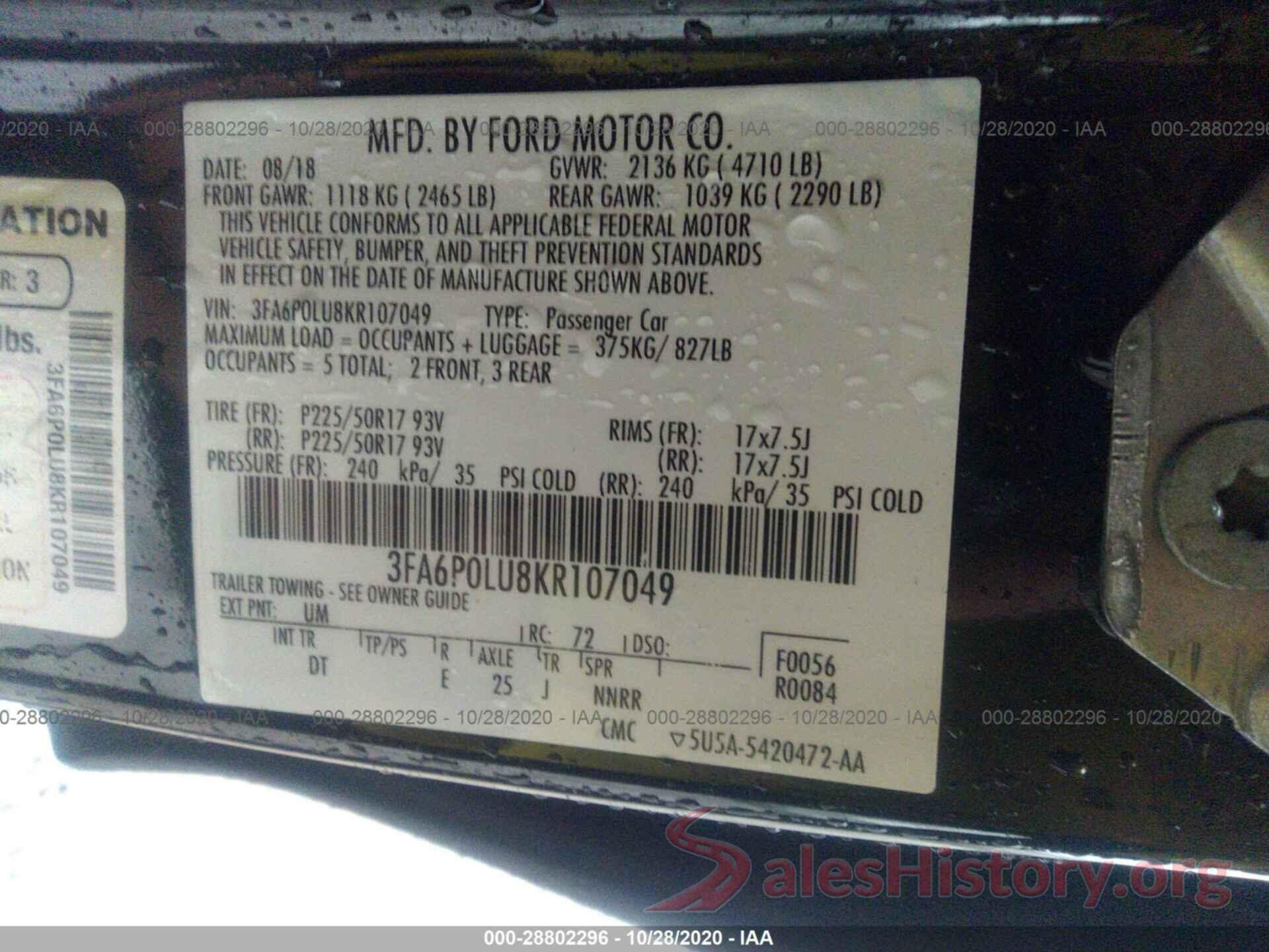 3FA6P0LU8KR107049 2019 FORD FUSION HYBRID