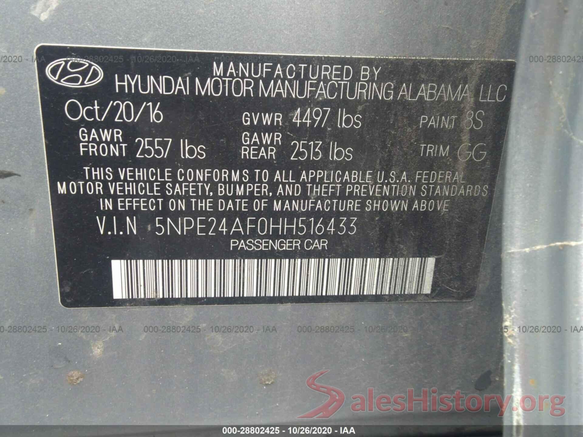 5NPE24AF0HH516433 2017 HYUNDAI SONATA