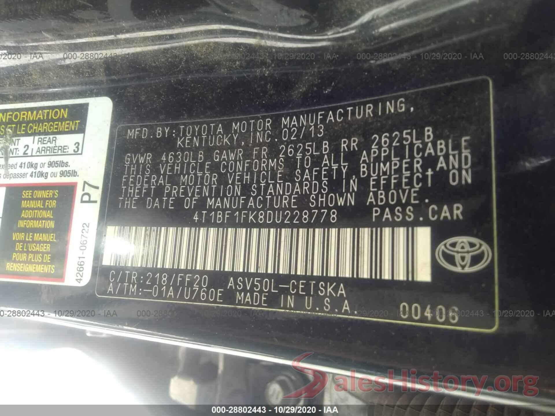 4T1BF1FK8DU228778 2013 TOYOTA CAMRY