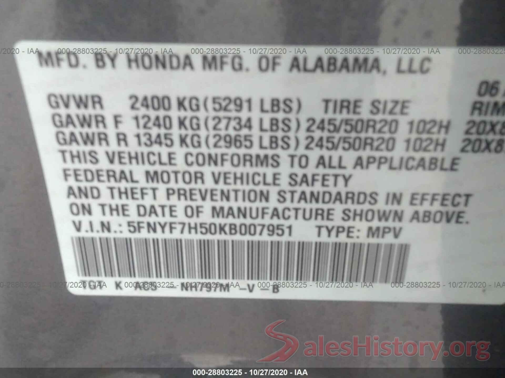 5FNYF7H50KB007951 2019 HONDA PASSPORT