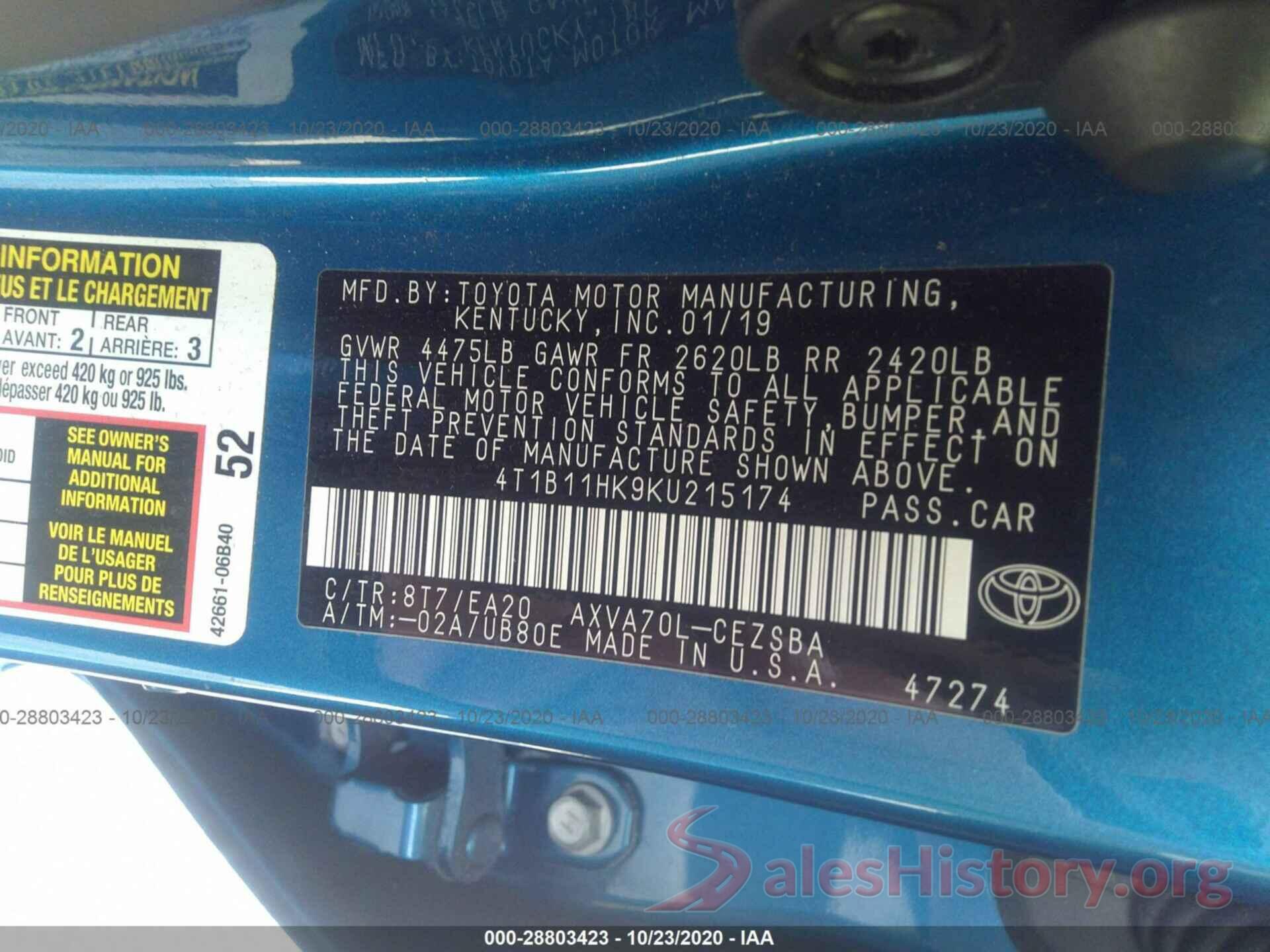 4T1B11HK9KU215174 2019 TOYOTA CAMRY