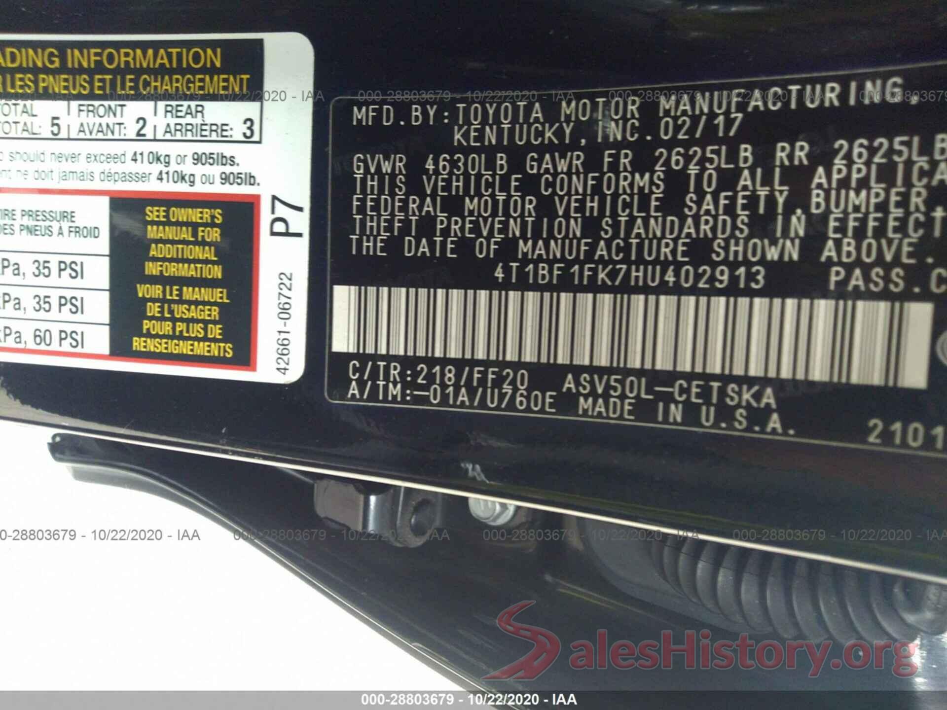 4T1BF1FK7HU402913 2017 TOYOTA CAMRY