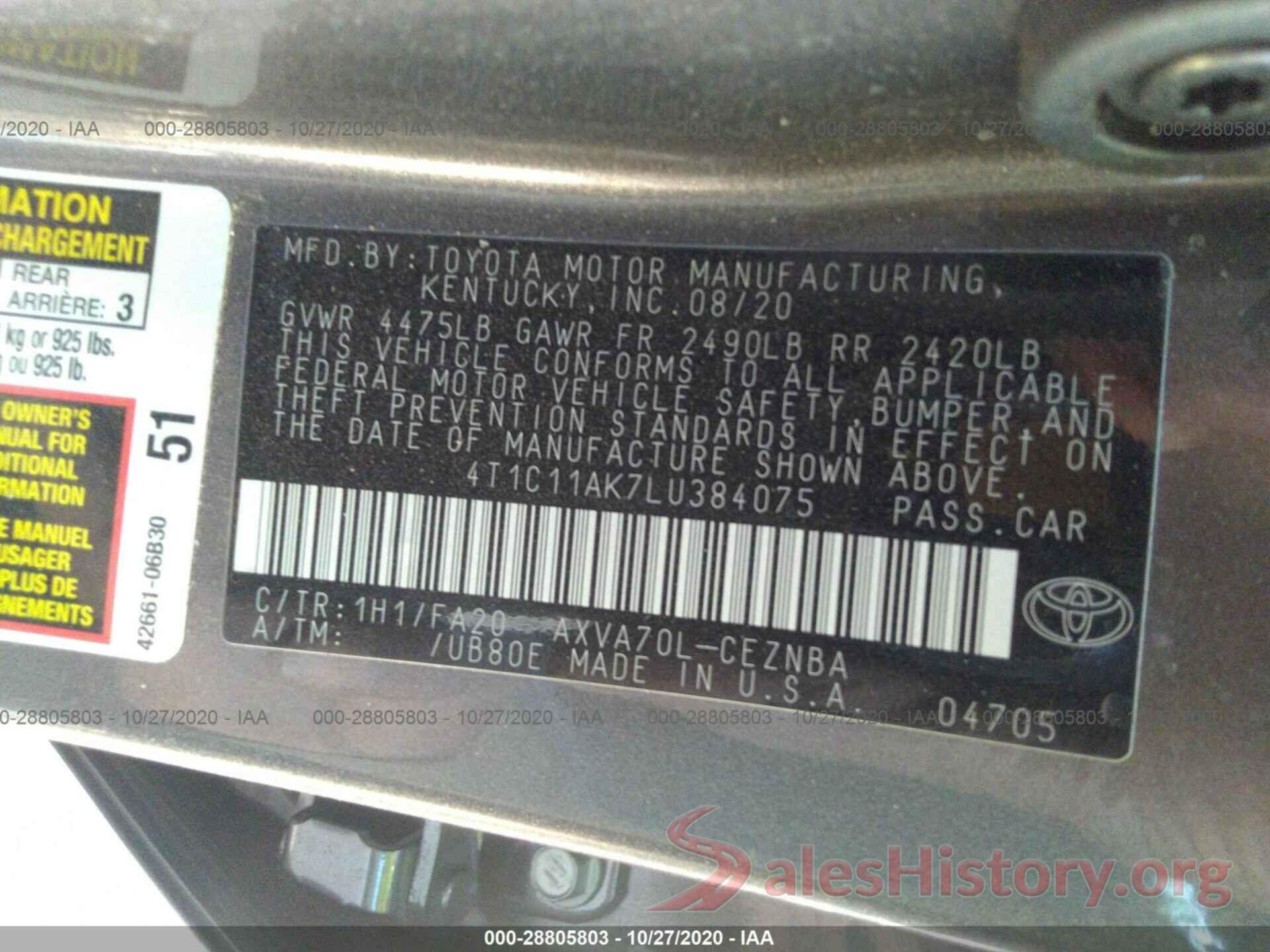 4T1C11AK7LU384075 2020 TOYOTA CAMRY