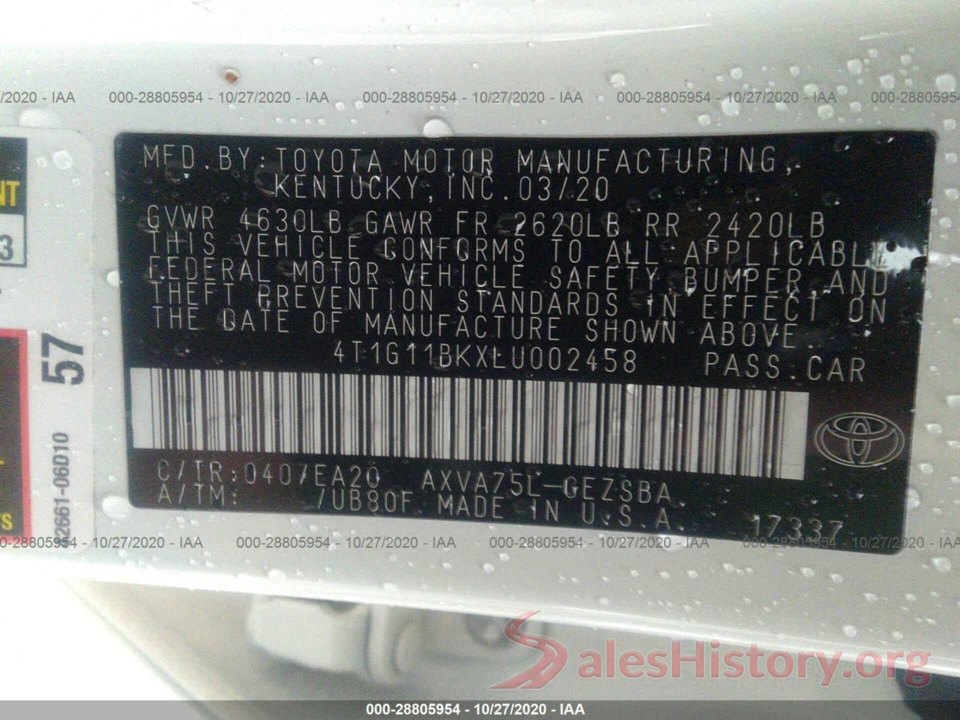 4T1G11BKXLU002458 2020 TOYOTA CAMRY