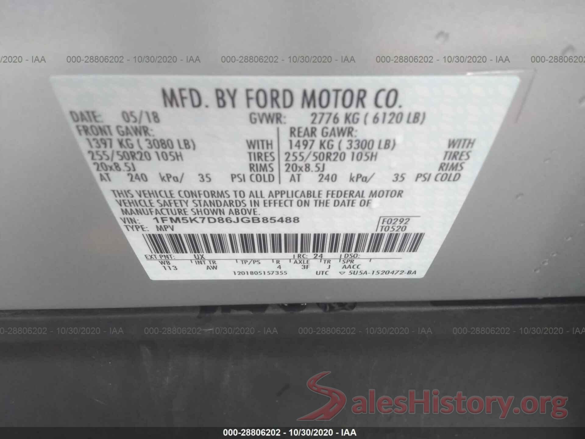 1FM5K7D86JGB85488 2018 FORD EXPLORER