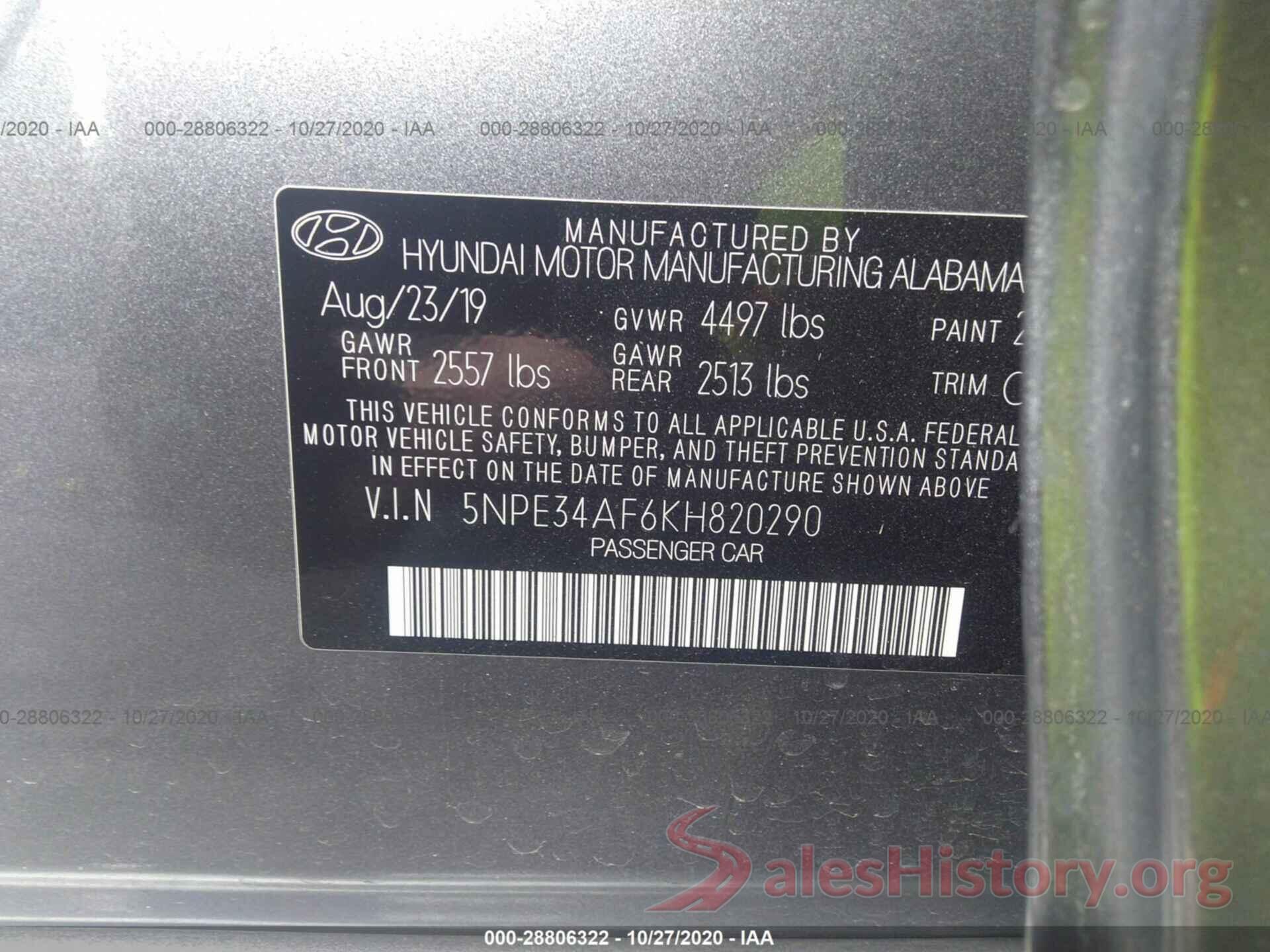 5NPE34AF6KH820290 2019 HYUNDAI SONATA