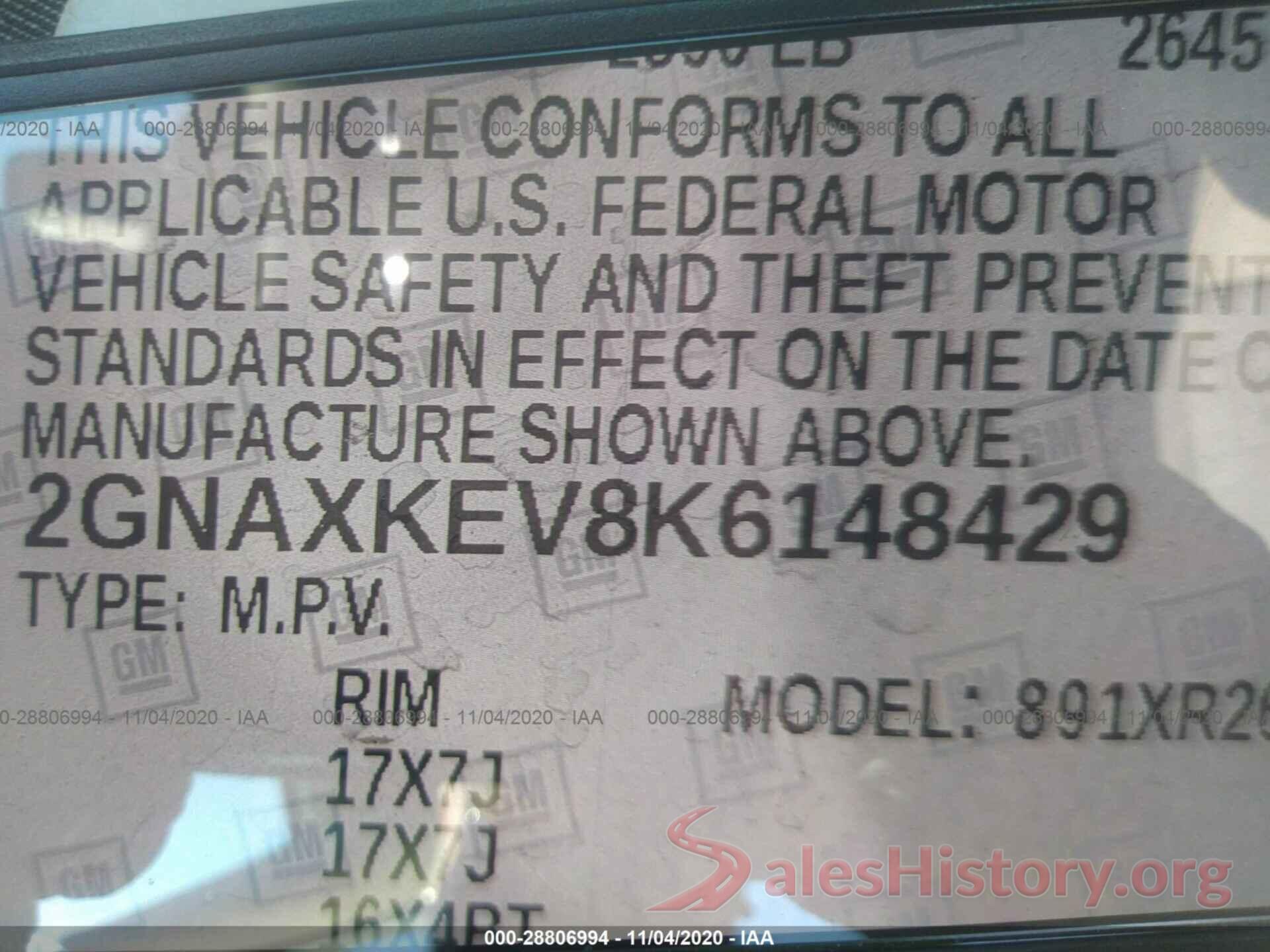 2GNAXKEV8K6148429 2019 CHEVROLET EQUINOX