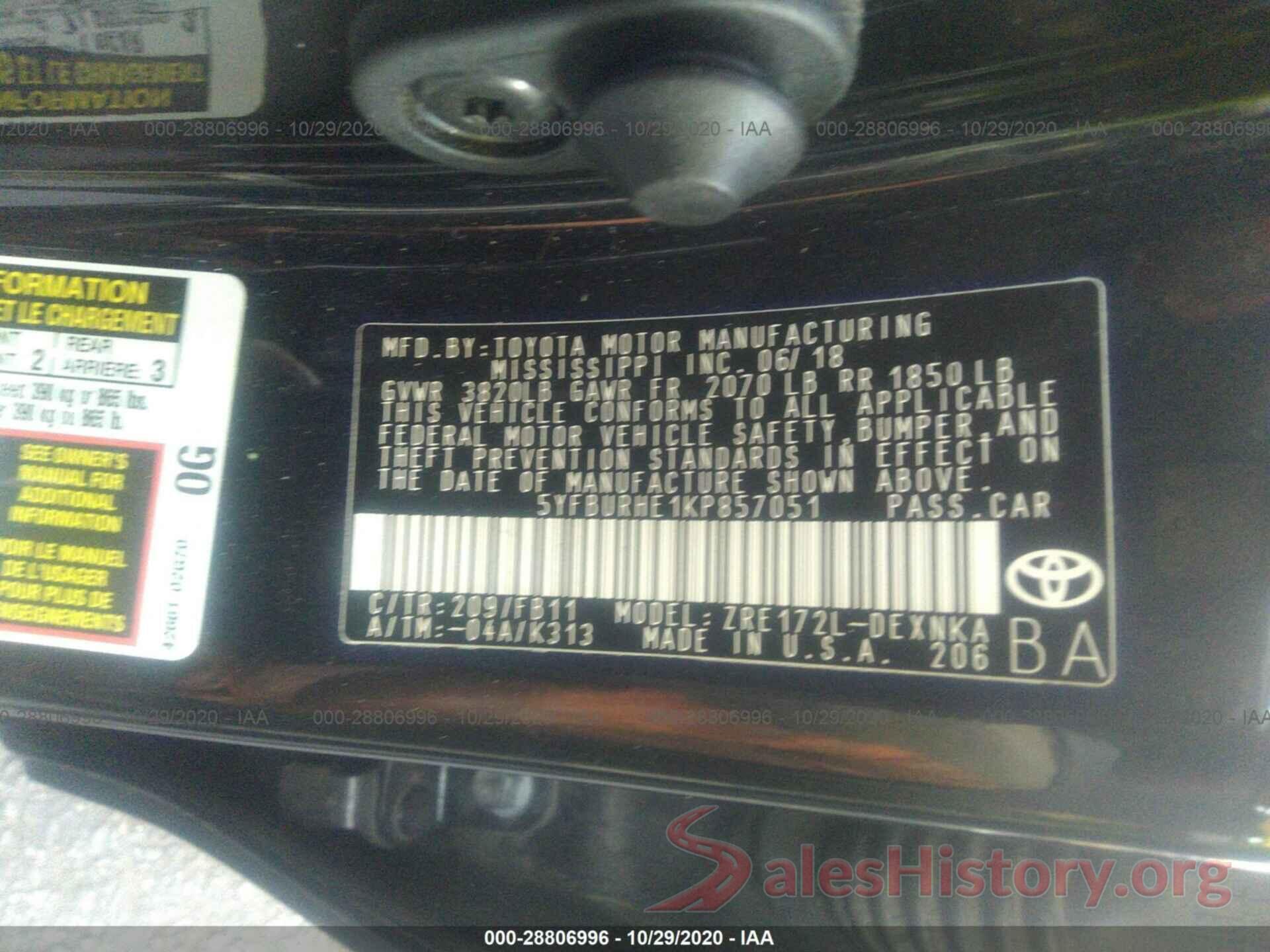 5YFBURHE1KP857051 2019 TOYOTA COROLLA