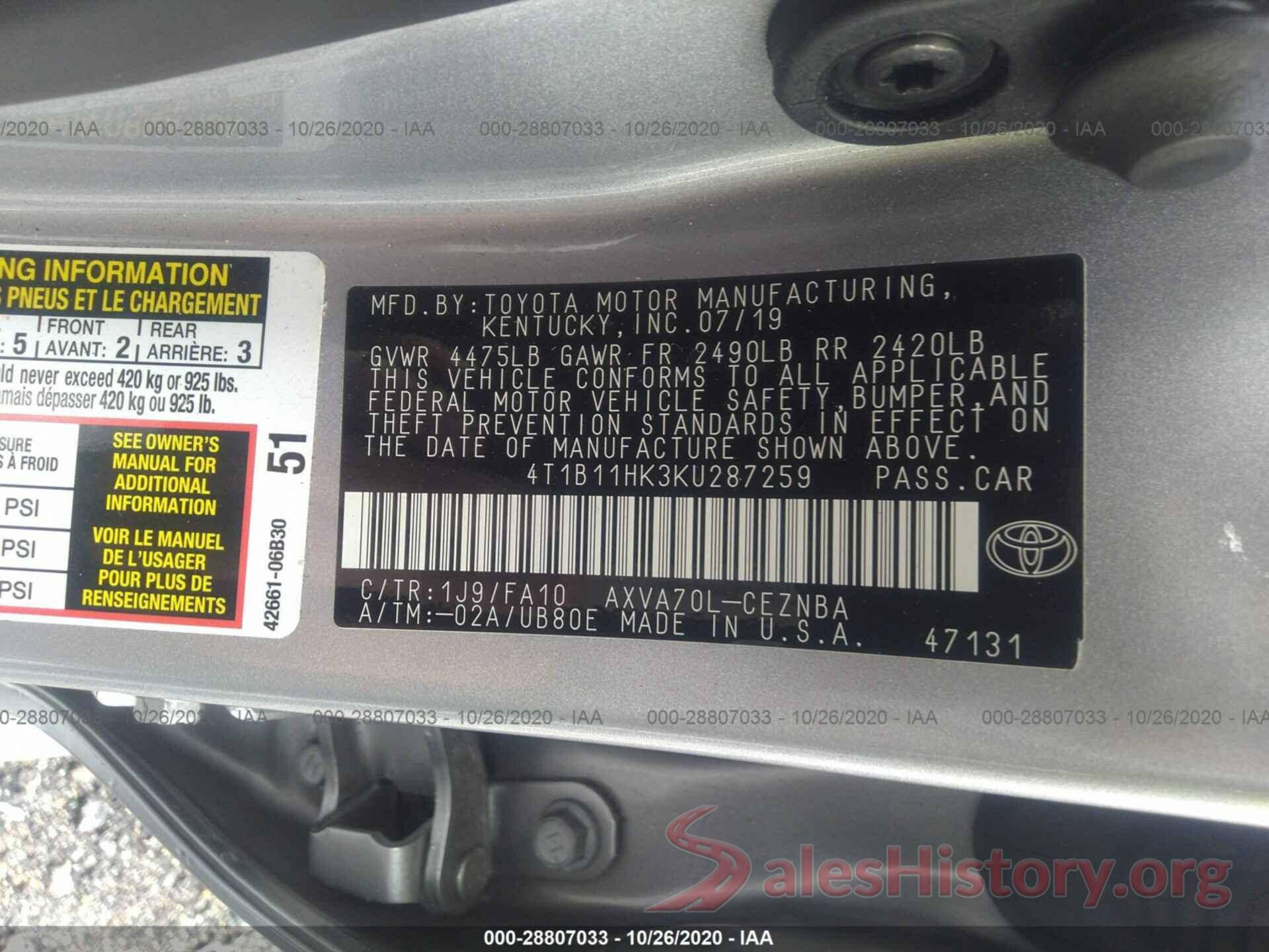 4T1B11HK3KU287259 2019 TOYOTA CAMRY