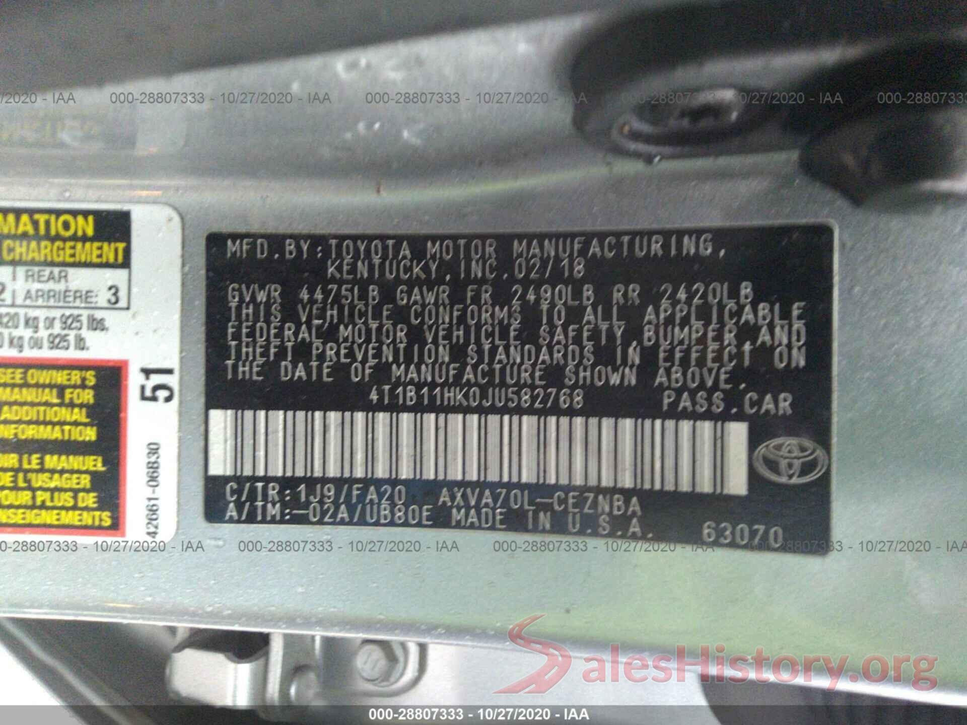 4T1B11HK0JU582768 2018 TOYOTA CAMRY